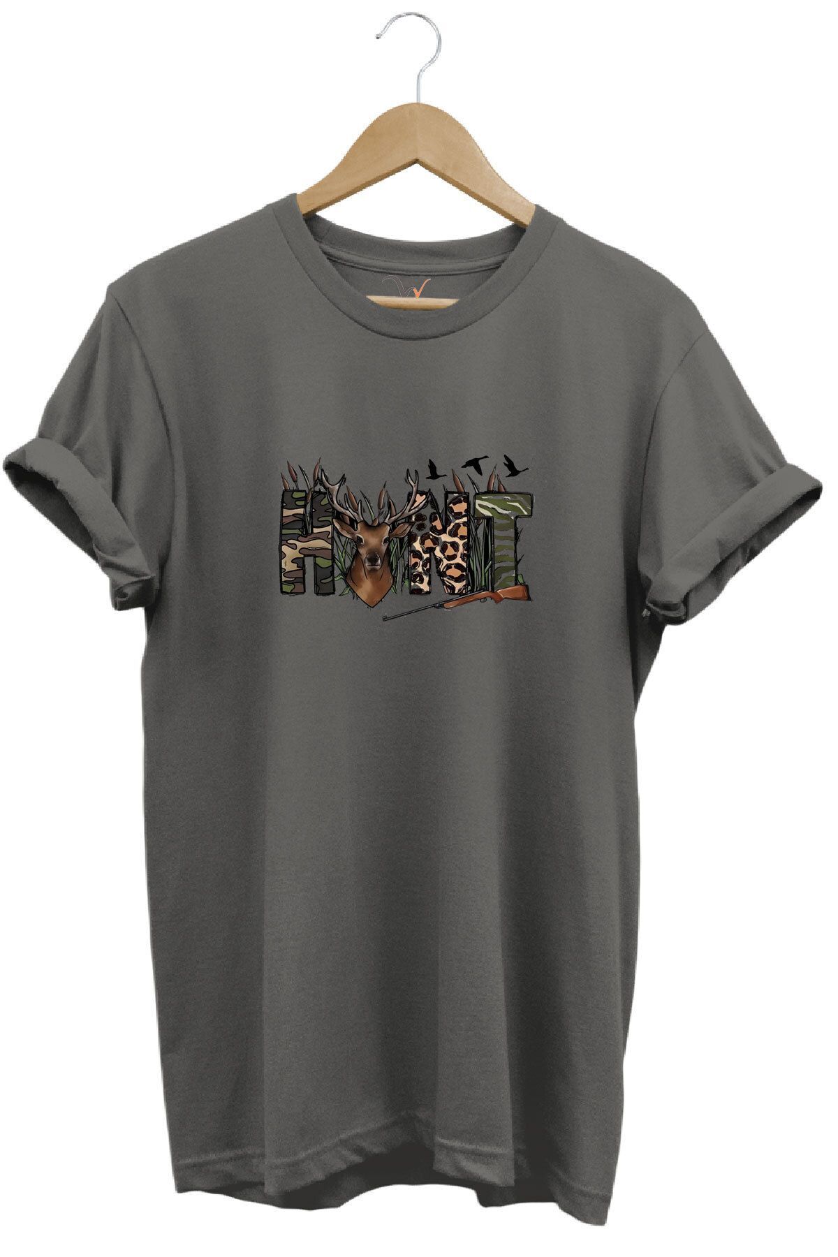 Avcılık Hunter Outdoor Geyik Tasarımlı Hunt Yazı Baskılı %100 Pamuk Regular Fit Lacivert T-shirt Antrasit - L