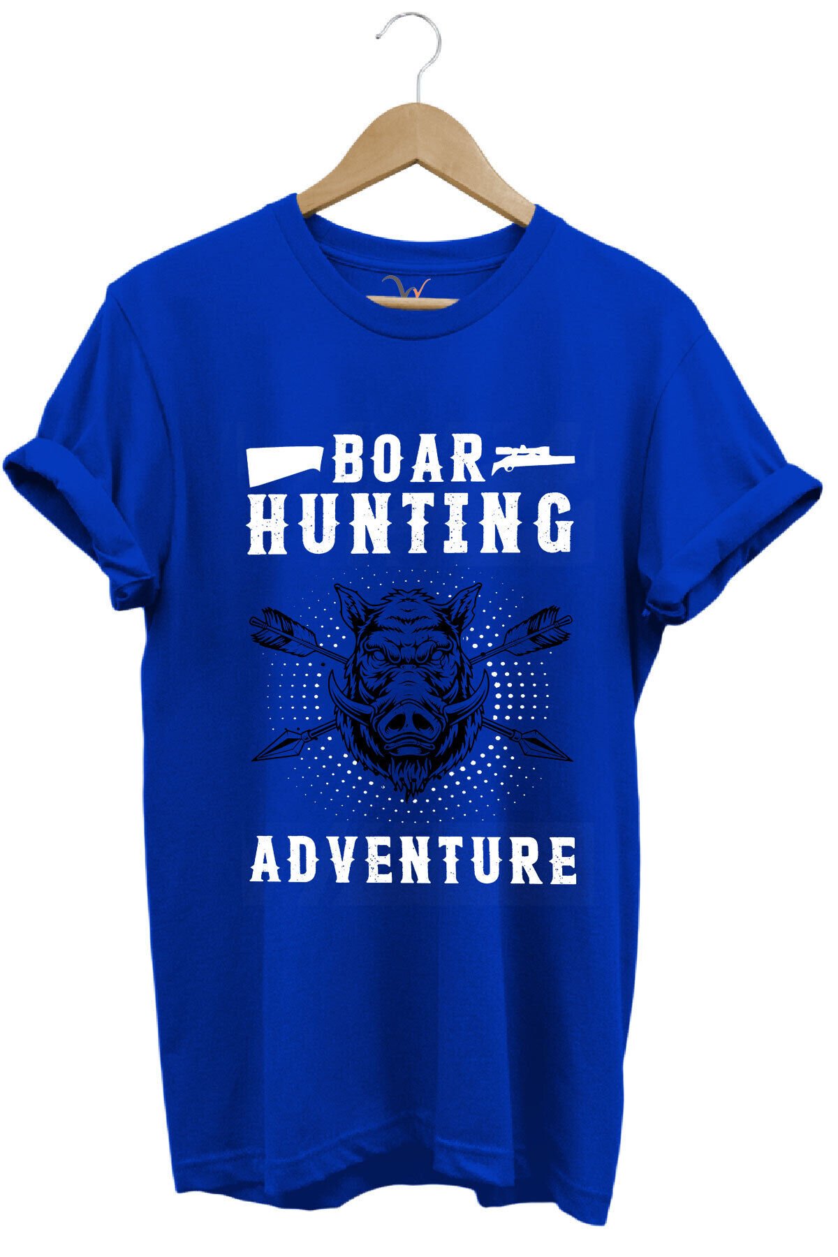Domuz Avcılığı Baskılı Hunter Avcılık Temalı %100 Pamuk Regular Fit Haki T-shirt Saks Mavi - M