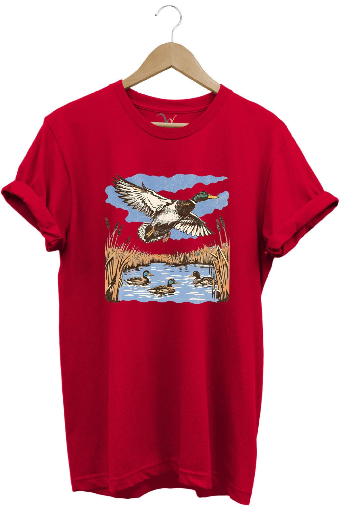 Hunting Avcılık Ördek Avı Sazlık Göl Baskılı %100 Pamuk Regular Fit Unisex T-Shirt Kırmızı - M