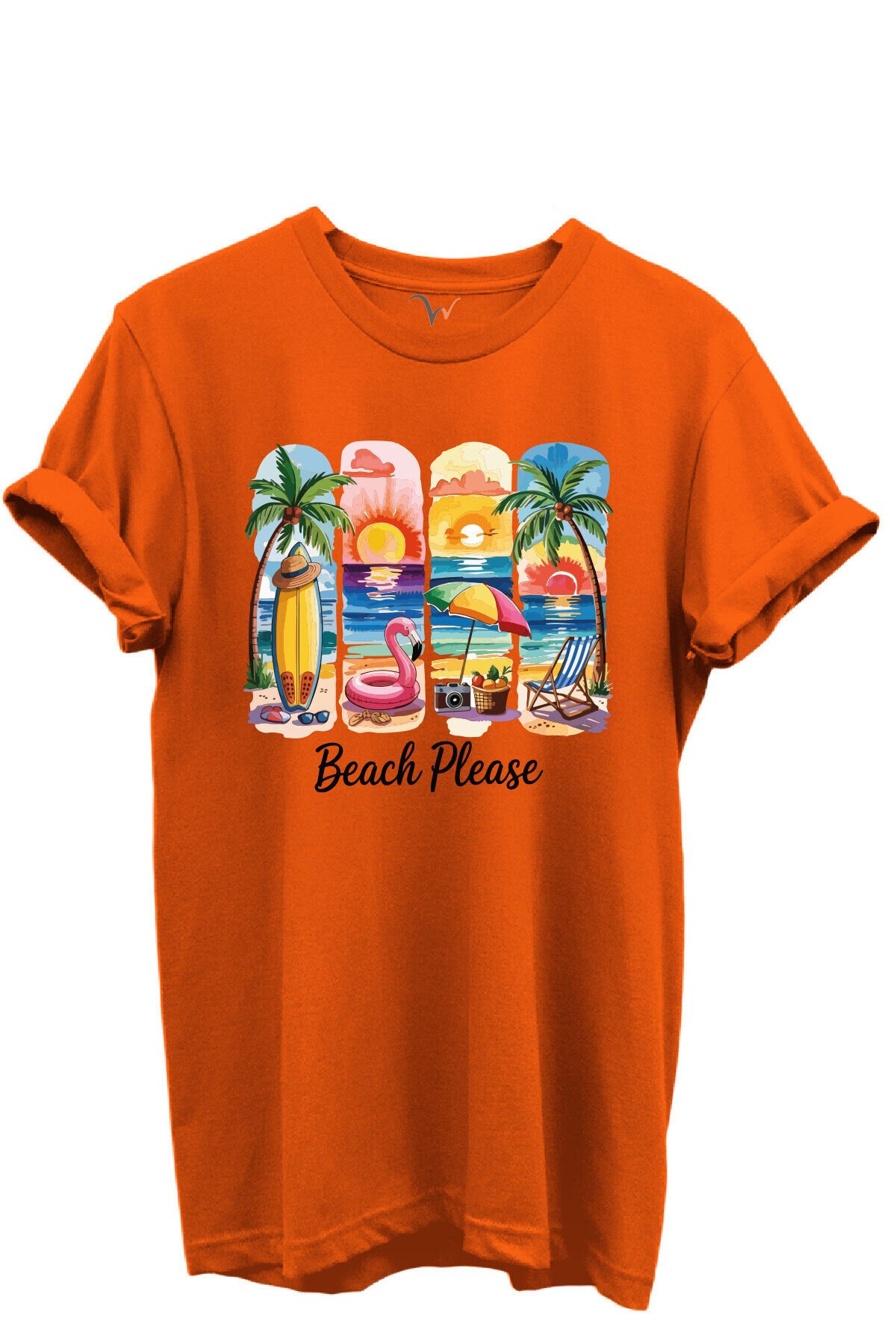 Beach Please Yazılı Renkli Plaj ve Gün Batımı Temalı %100 Pamuk Regular Fit Unisex T-Shirt Turuncu - M