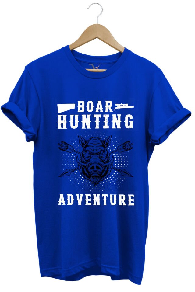 Domuz Avcılığı Baskılı Hunter Avcılık Temalı %100 Pamuk Regular Fit Haki T-shirt Saks Mavi - XL