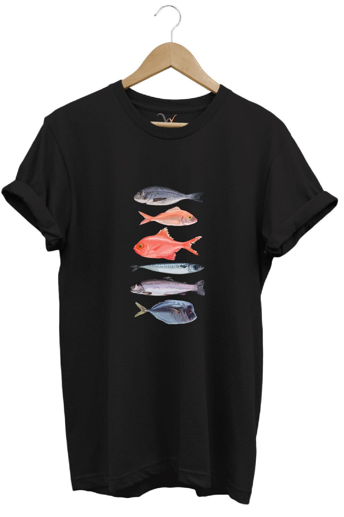 Fishing Balıkçılık Baskılı Renkli Çeşitli Balık Tasarım %100 Pamuk Regular Fit Bisiklet Yaka T-Shirt Siyah - XL