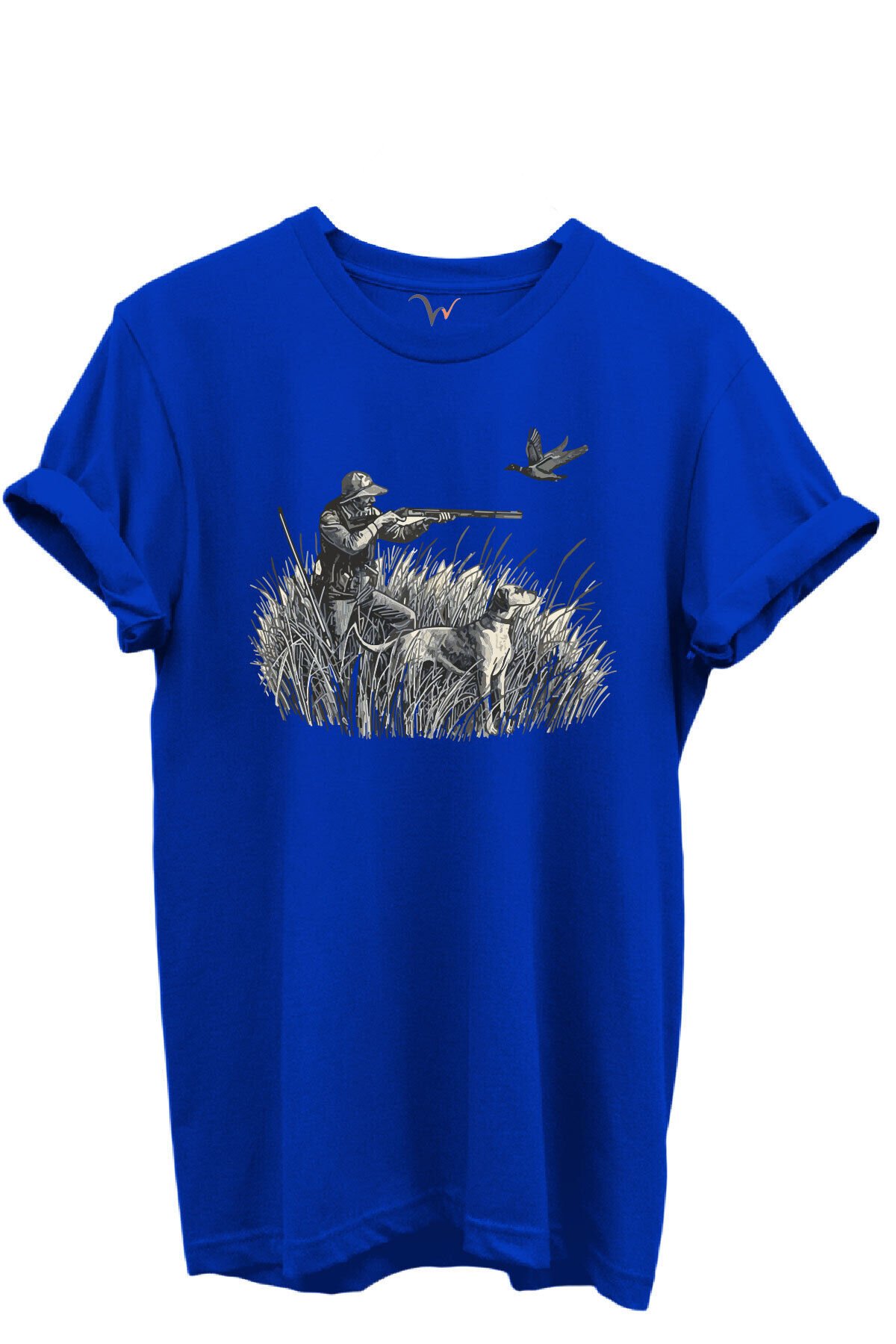 Outdoor Avcılık Avcı, Köpek ve Kuş Desenli %100 Pamuk Regular Fit Bisiklet Yaka Unisex T-shirt Saks Mavi - 2XL