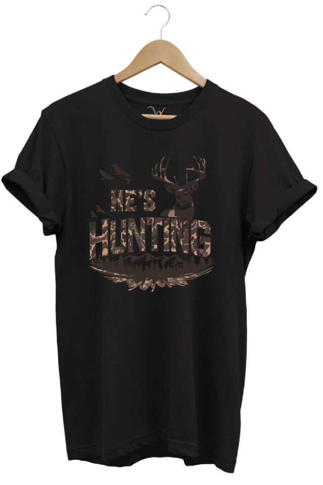 Kamuflaj Desenli Hunting Yazısı ve Geyik Baskılı %100 Pamuk Rahat Kalıp Premium Tişört Siyah - XL