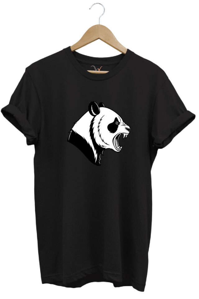 Kızgın Kükreyen Panda Baskılı %100 Pamuk Bisiklet Yaka Regular Fit Mavi T-shirt Siyah - XL