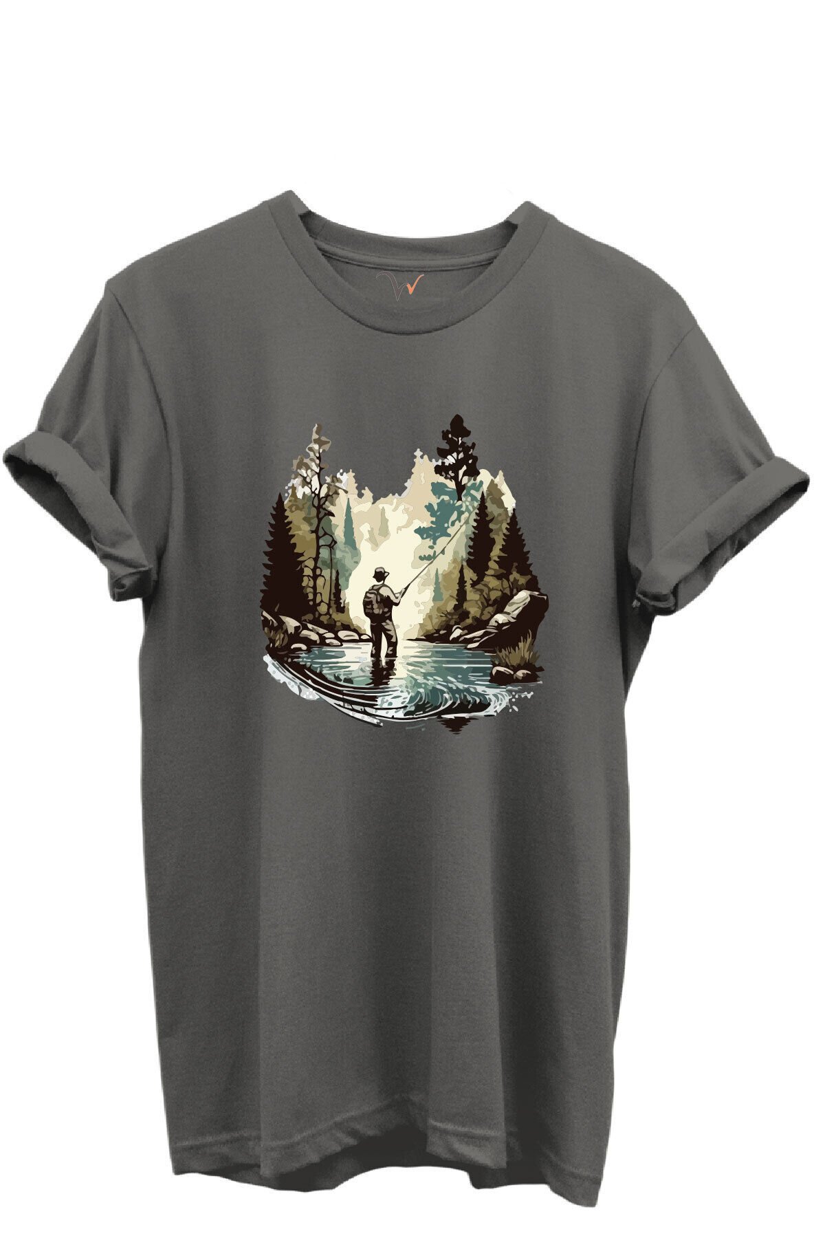 Balık Tutma Temalı Kampçı Desenli %100 Pamuk Regular Fit Unisex T-Shirt Gri - S