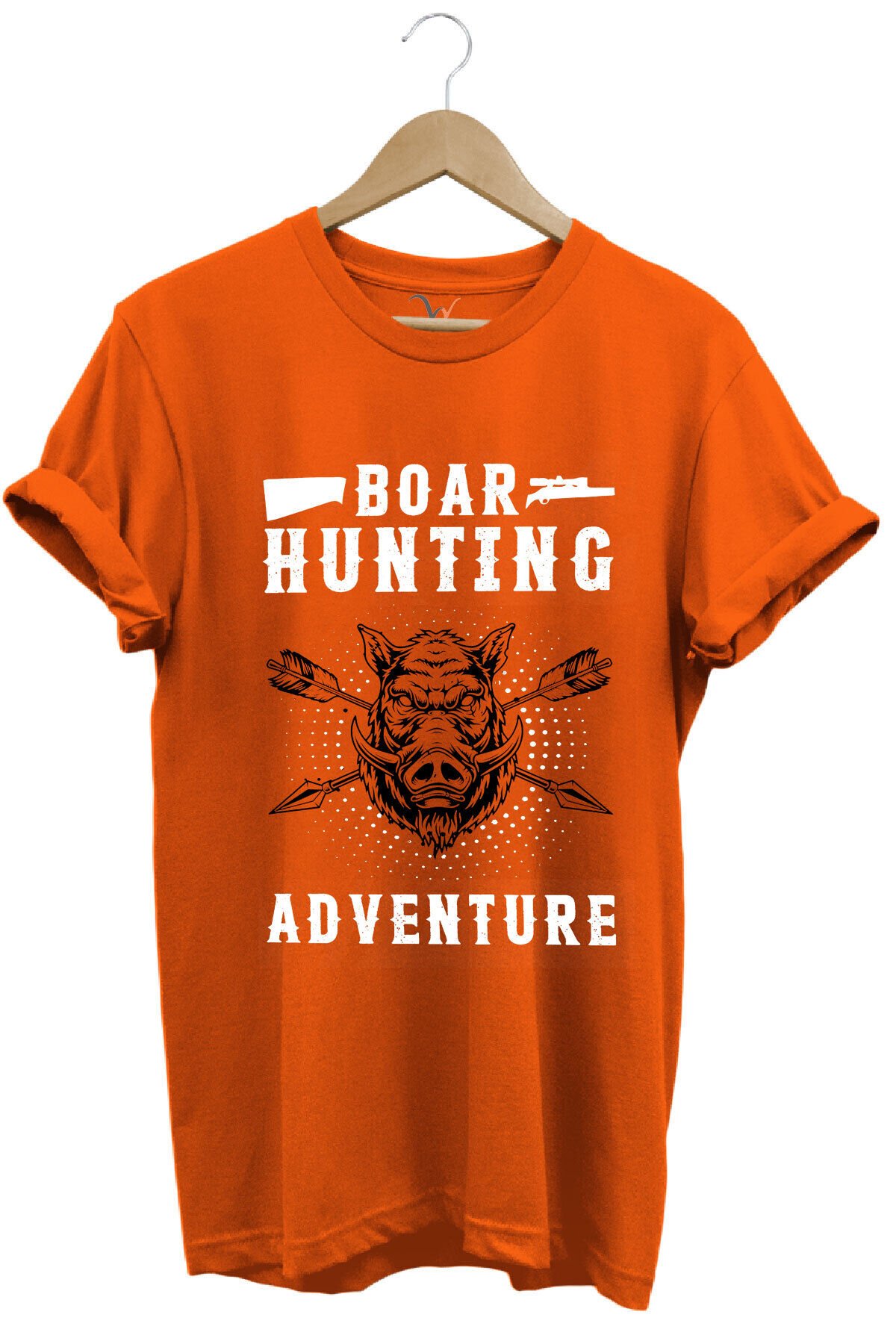 Domuz Avcılığı Baskılı Hunter Avcılık Temalı %100 Pamuk Regular Fit Haki T-shirt Turuncu - 2XL