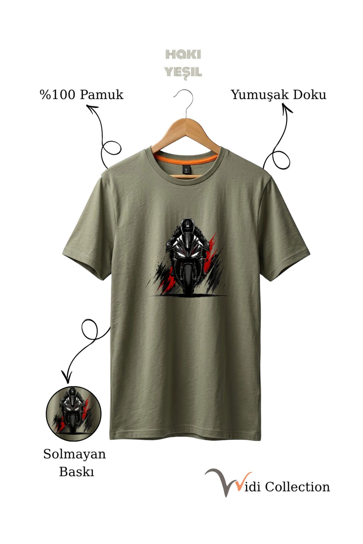 Spor Motor Baskılı Hız Temalı %100 Pamuk Unisex Regular Fit T-Shirt Haki - 2XL
