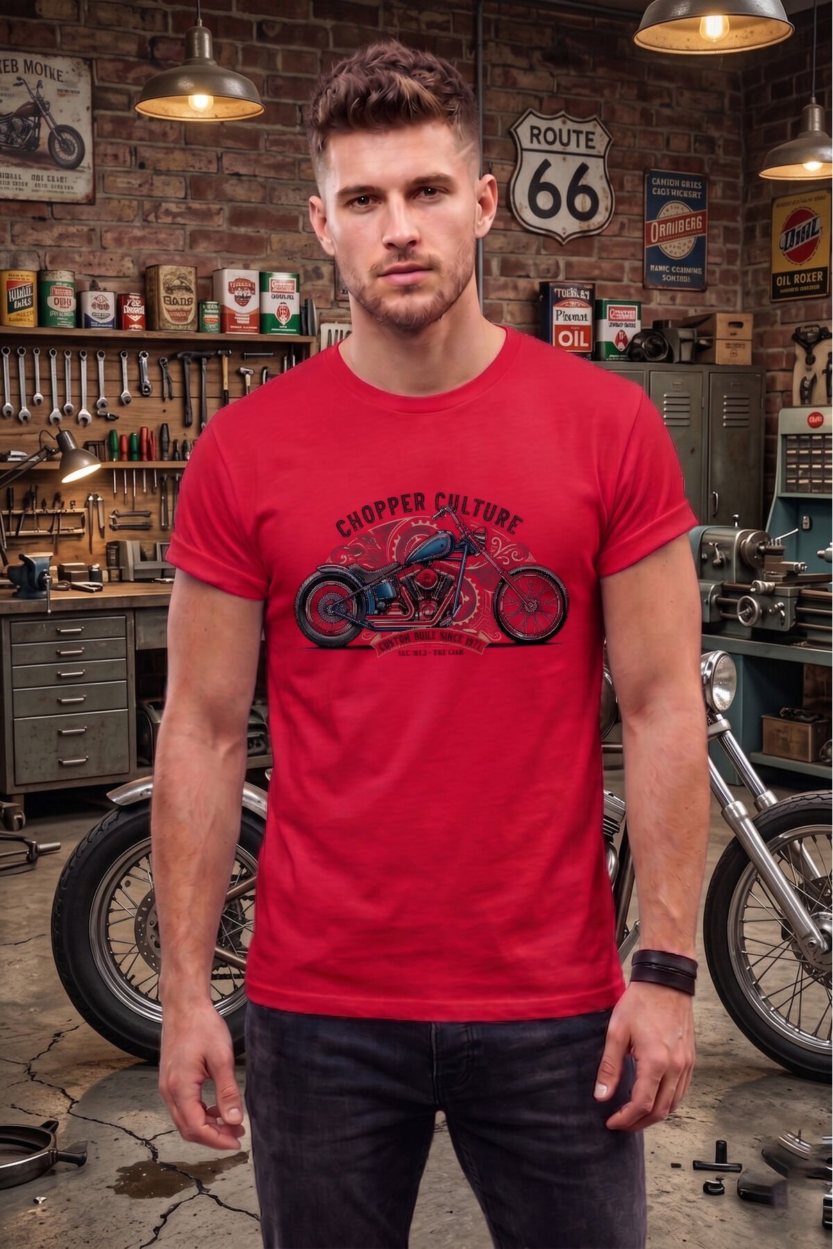 Chopper Culture Custom Built Motorcu Özel Tasarım Siyah Unisex Tişört T-shirt Kırmızı - XL