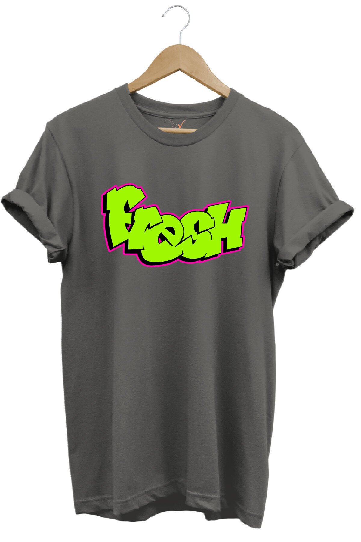 Fresh Graffiti Neon Yazı Baskılı %100 Pamuk Unisex Regular Fit T-Shirt Gri - XL
