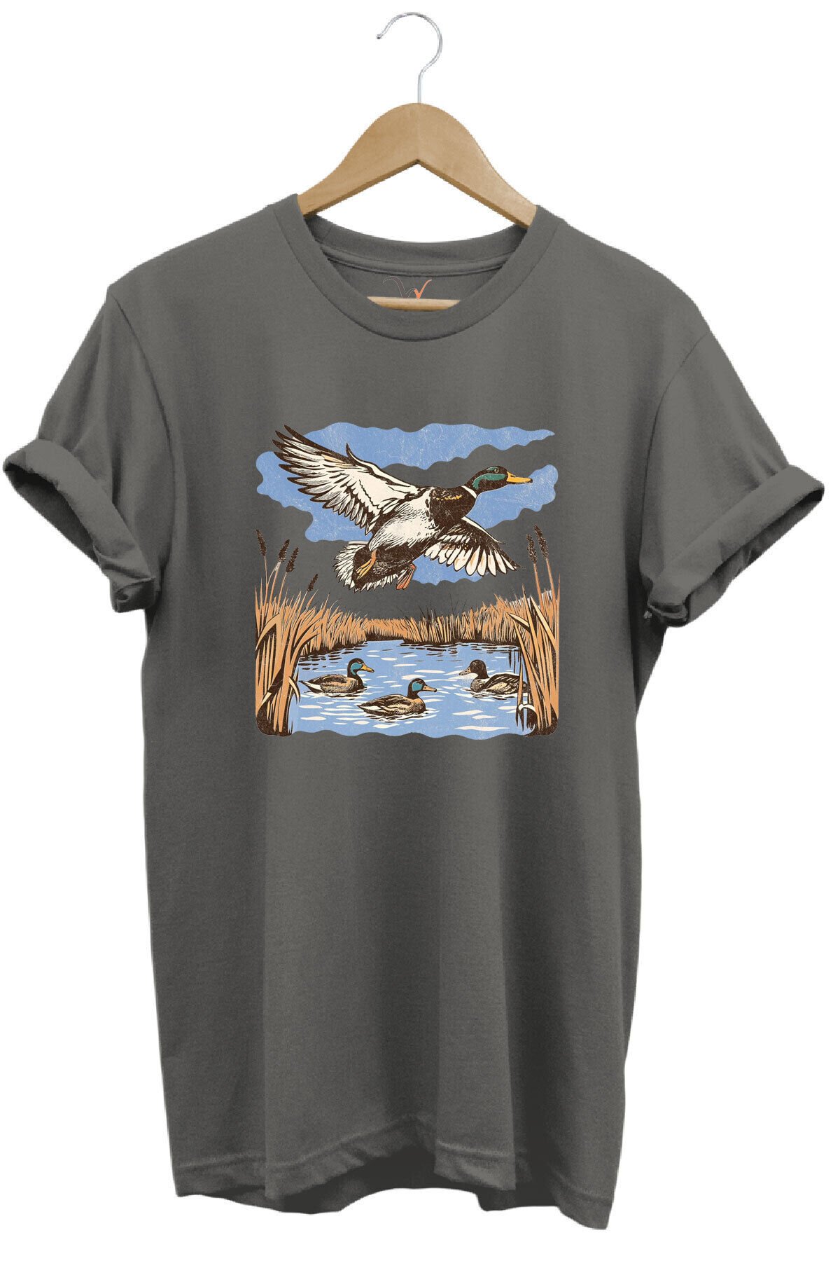 Hunting Avcılık Ördek Avı Sazlık Göl Baskılı %100 Pamuk Regular Fit Unisex T-Shirt Gri - 2XL
