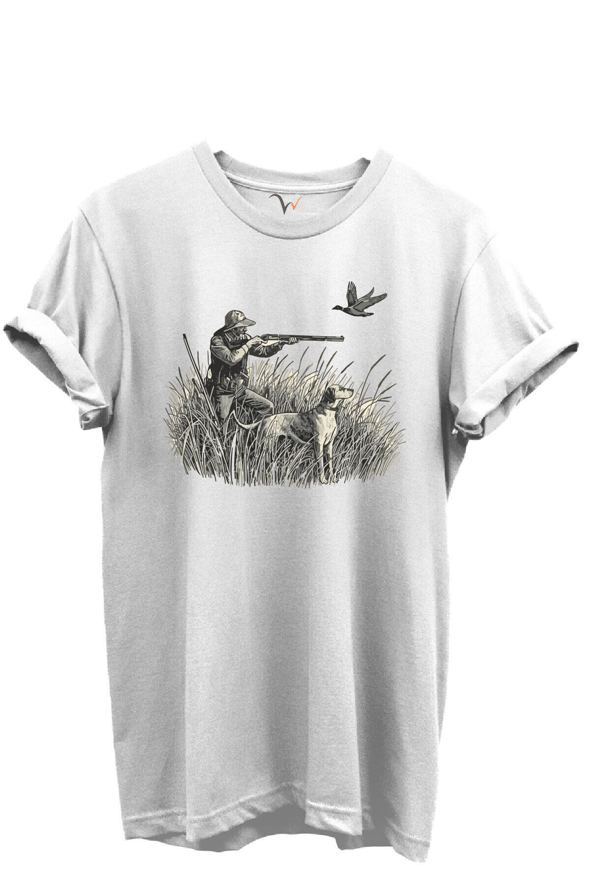 Outdoor Avcılık Avcı, Köpek ve Kuş Desenli %100 Pamuk Regular Fit Bisiklet Yaka Unisex T-shirt Beyaz - M