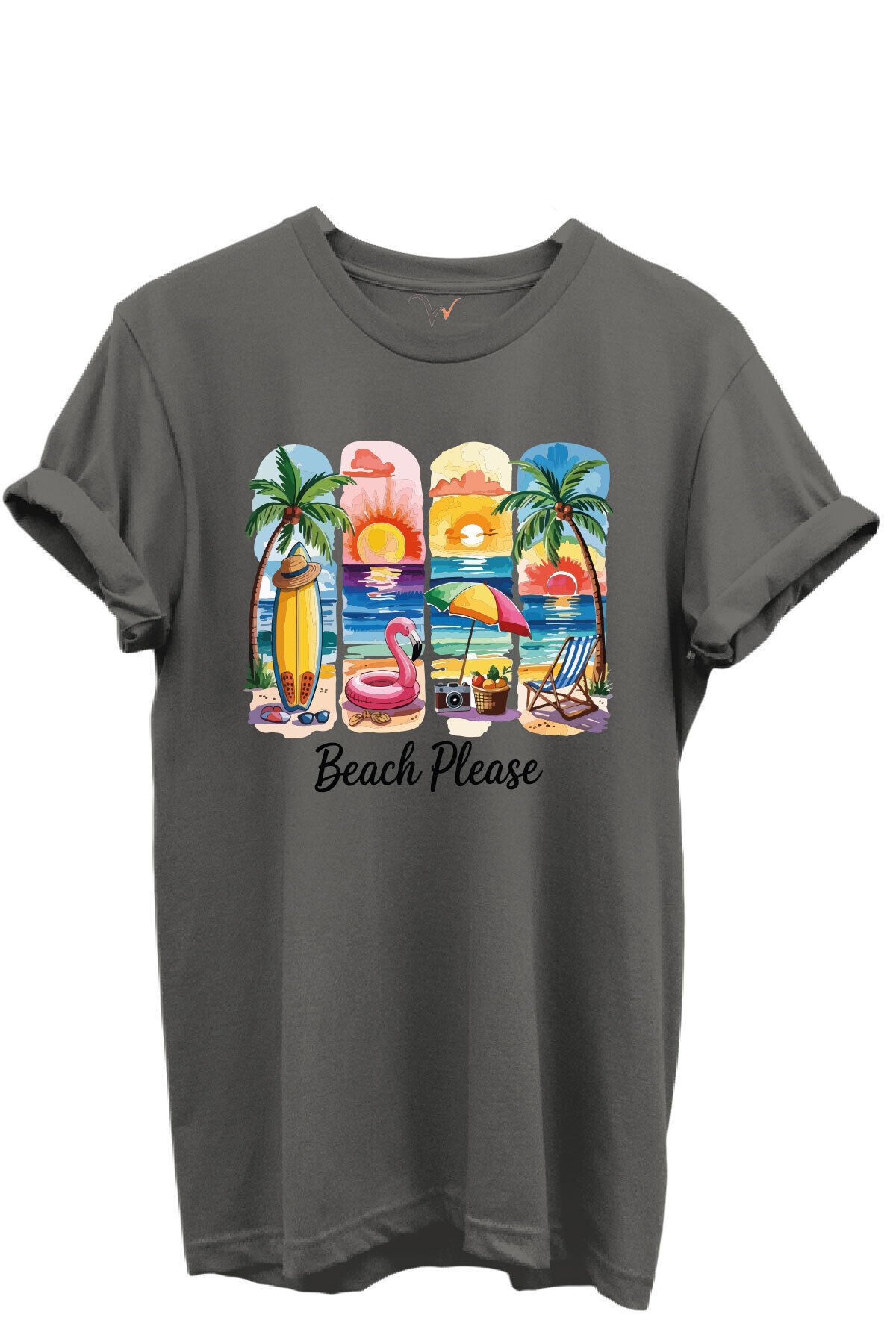Beach Please Yazılı Renkli Plaj ve Gün Batımı Temalı %100 Pamuk Regular Fit Unisex T-Shirt Gri - S