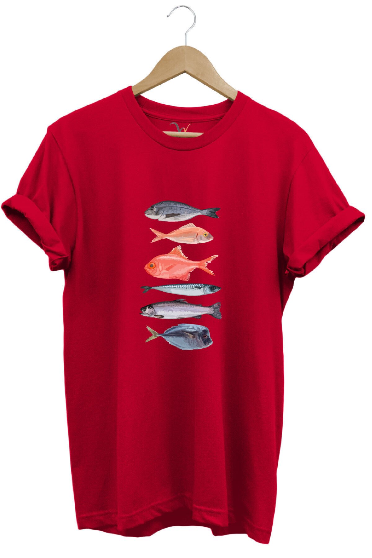 Fishing Balıkçılık Baskılı Renkli Çeşitli Balık Tasarım %100 Pamuk Regular Fit Bisiklet Yaka T-Shirt Kırmızı - 2XL