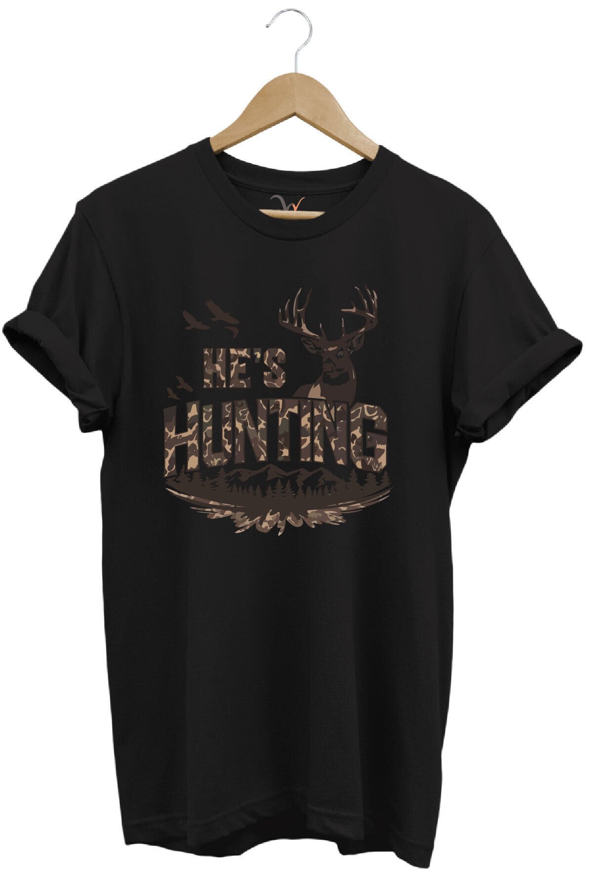 Kamuflaj Desenli Hunting Yazısı ve Geyik Baskılı %100 Pamuk Rahat Kalıp Premium Tişört Siyah - 4XL