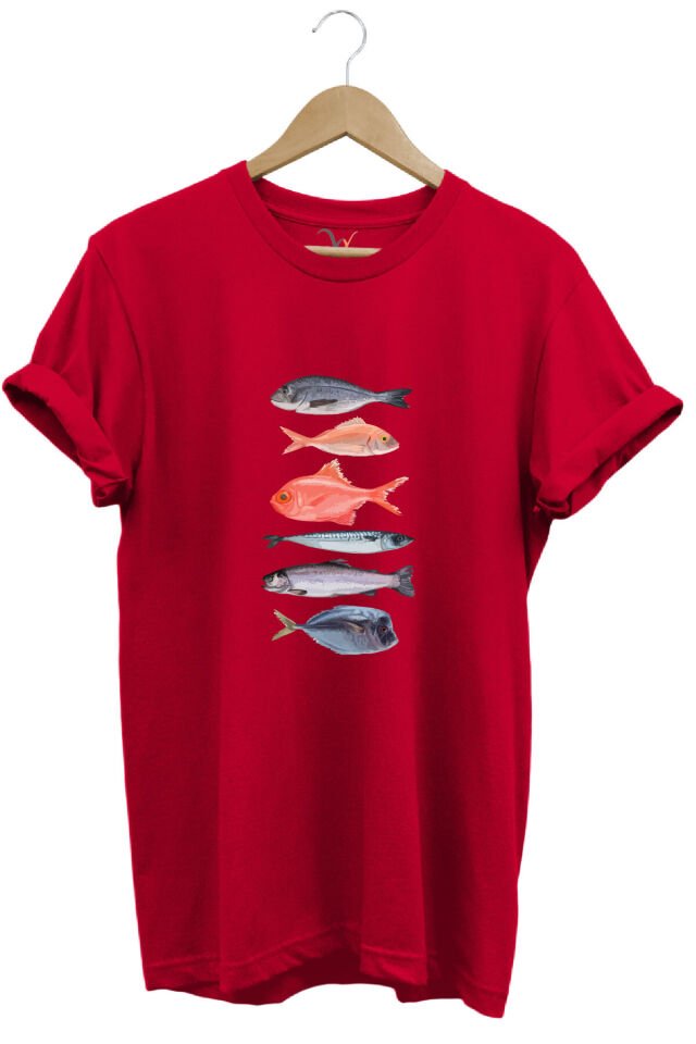 Fishing Balıkçılık Baskılı Renkli Çeşitli Balık Tasarım %100 Pamuk Regular Fit Bisiklet Yaka T-Shirt Kırmızı - S