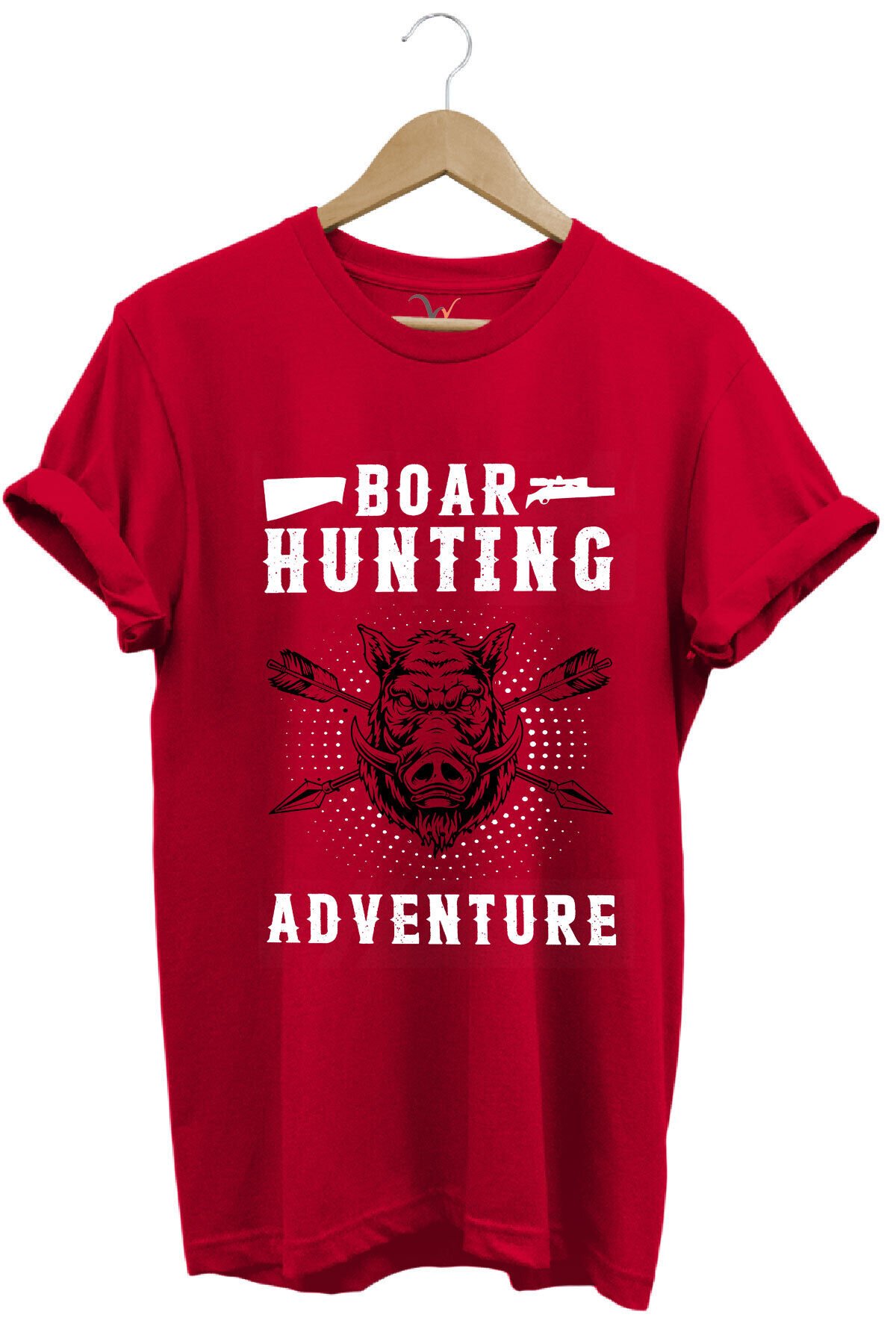 Domuz Avcılığı Baskılı Hunter Avcılık Temalı %100 Pamuk Regular Fit Haki T-shirt Kırmızı - XL
