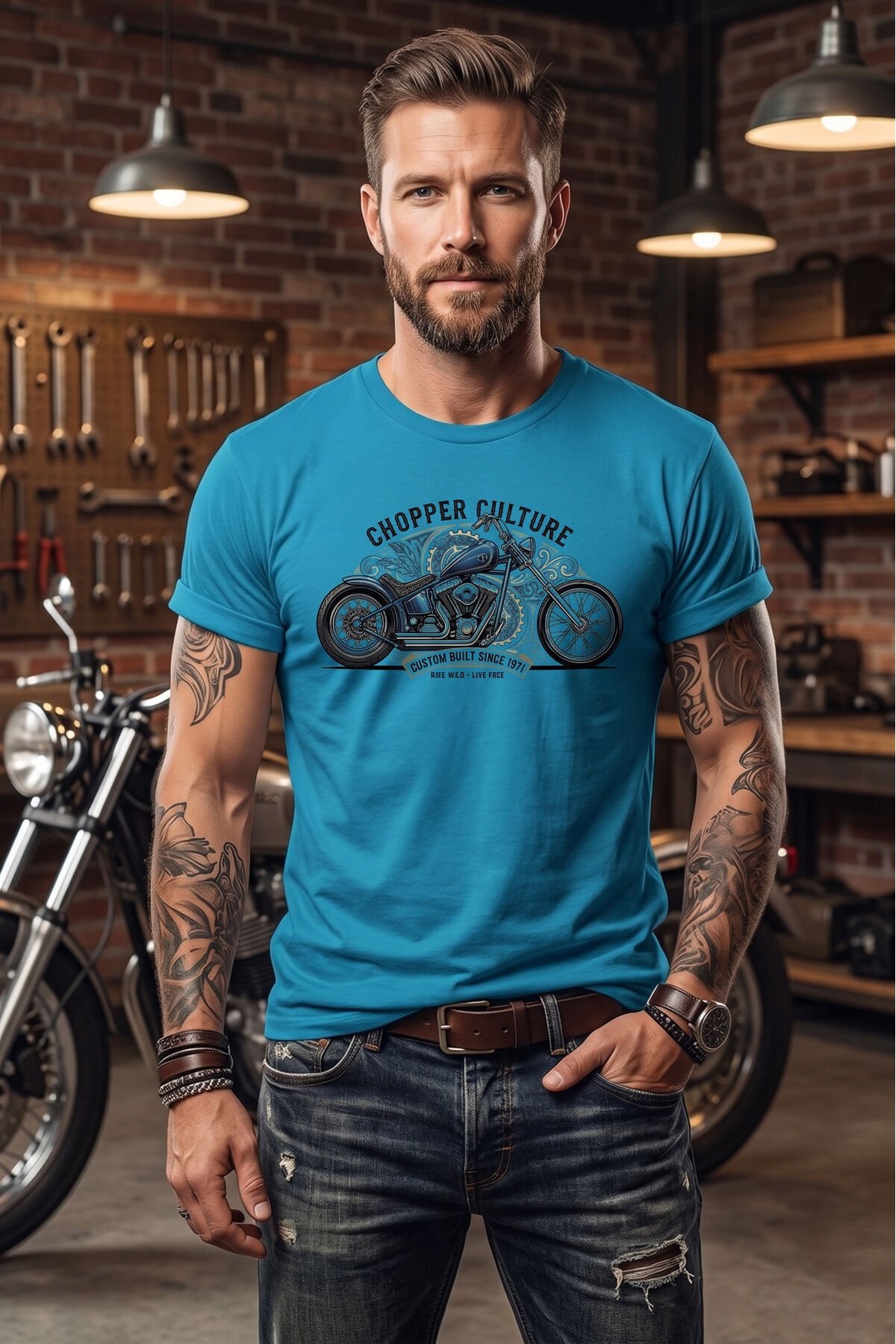 Chopper Culture Custom Built Motorcu Özel Tasarım Siyah Unisex Tişört T-shirt Turkuaz - M