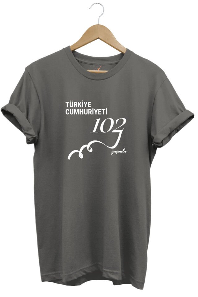 29 Ekim 102. Yıl Tasarım Baskılı %100 Pamuk Regular Fit Bisiklet Yaka Unisex T-Shirt Gri - L