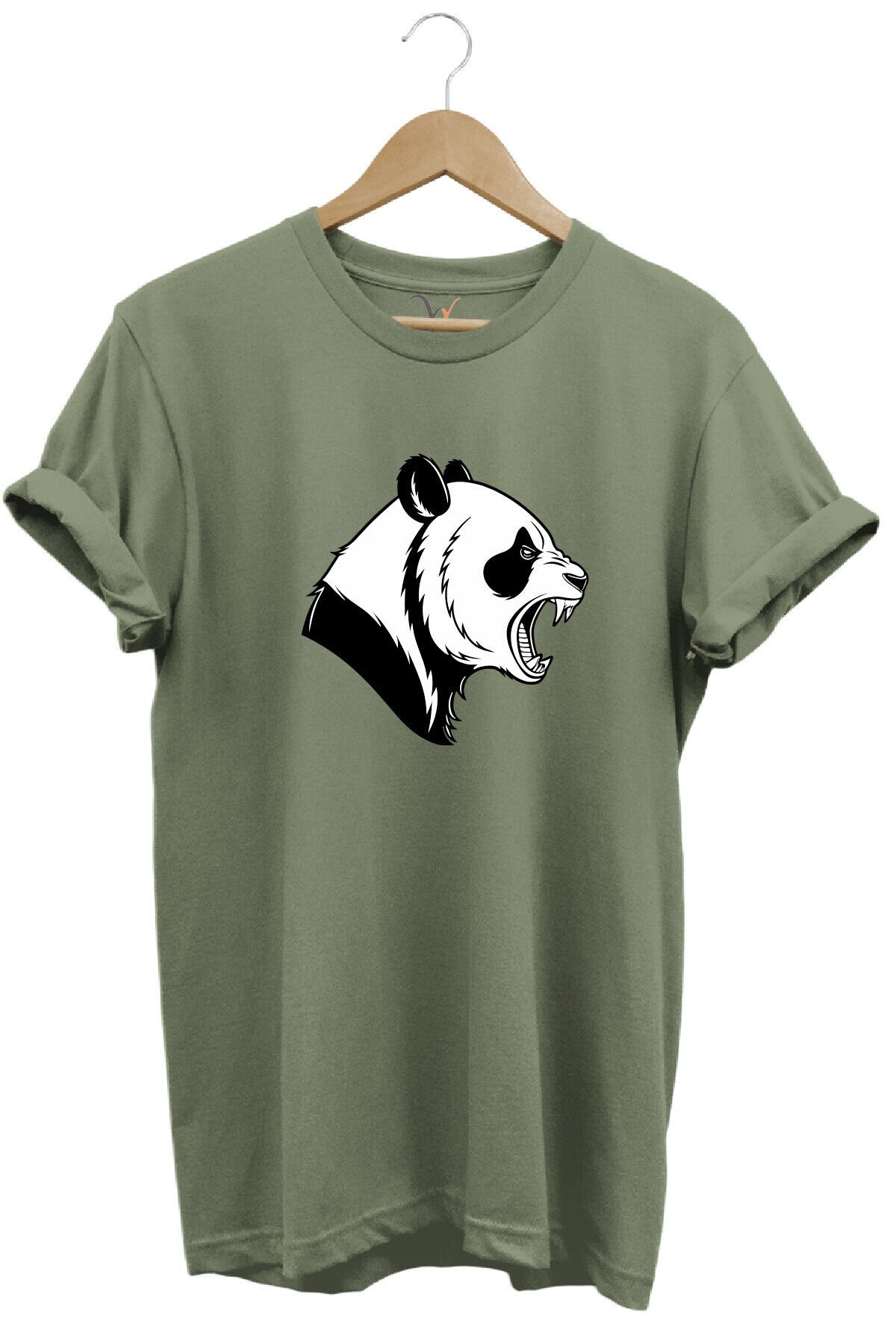 Kızgın Kükreyen Panda Baskılı %100 Pamuk Bisiklet Yaka Regular Fit Mavi T-shirt Haki - L