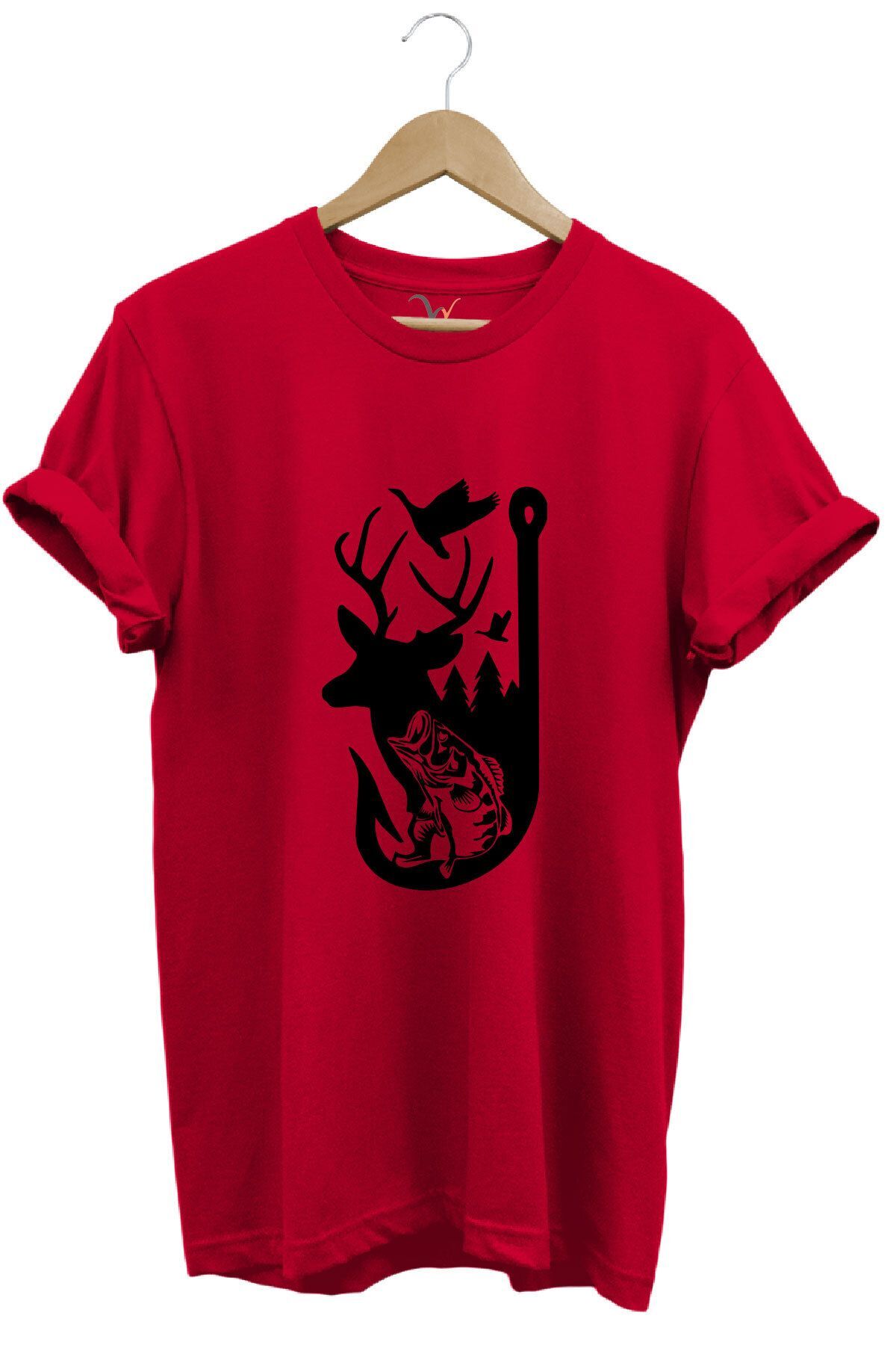 Avcılık Hunter Outdoor Geyik Balık Çulluk Baskılı %100 Pamuk Regular Fit Kırmızı T-shirt Kırmızı - 3XL