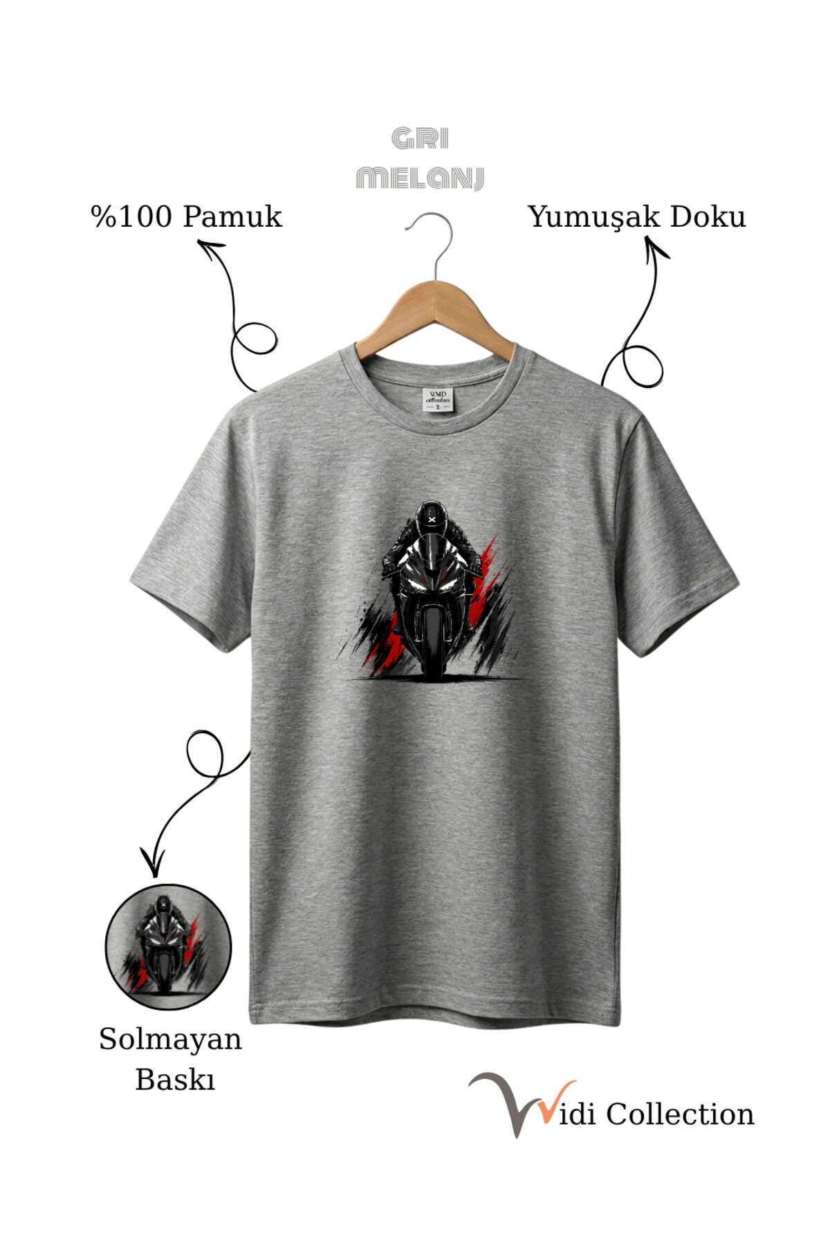 Spor Motor Baskılı Hız Temalı %100 Pamuk Unisex Regular Fit T-Shirt Gri Melanj - M