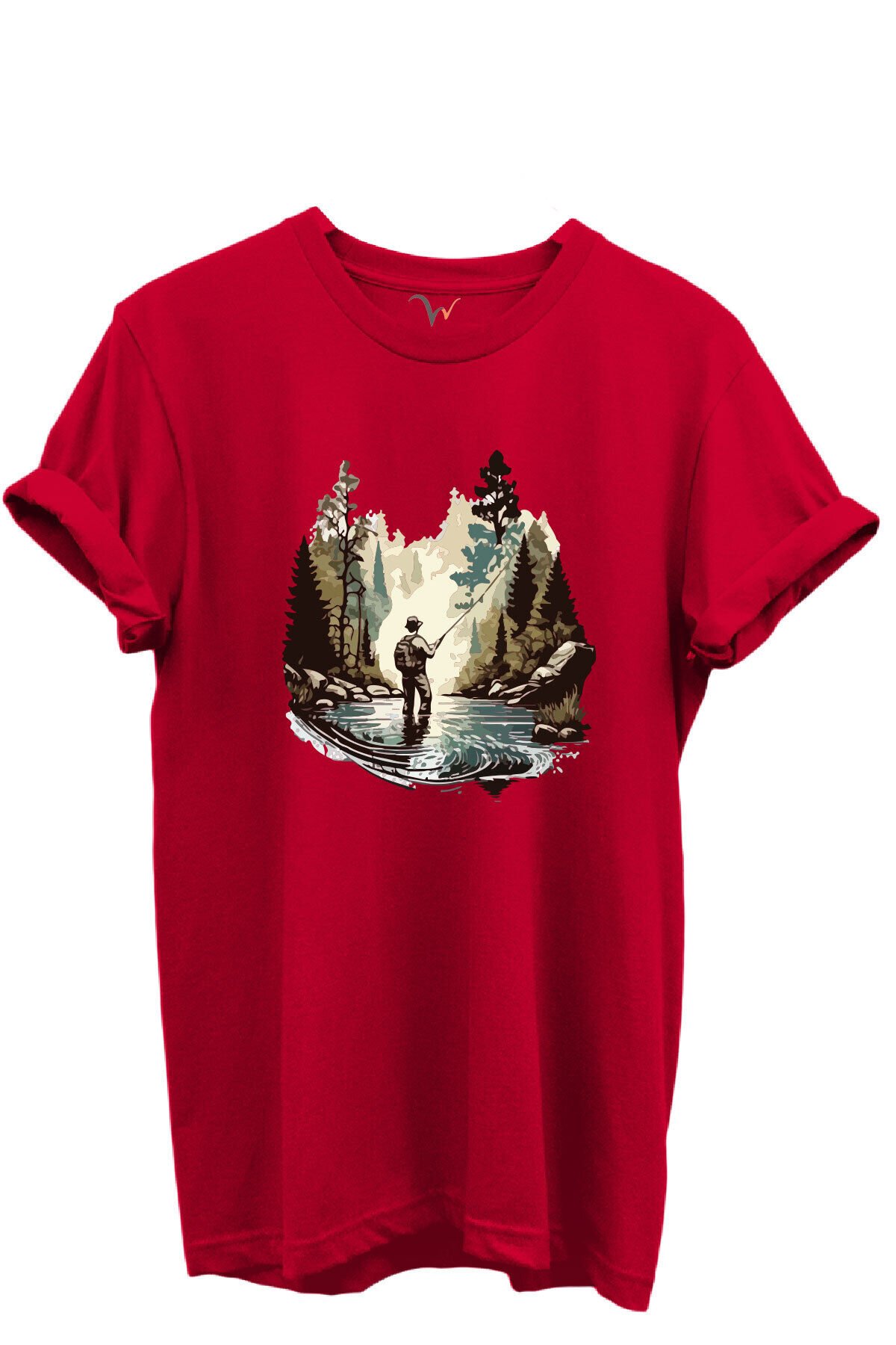 Balık Tutma Temalı Kampçı Desenli %100 Pamuk Regular Fit Unisex T-Shirt Kırmızı - 3XL