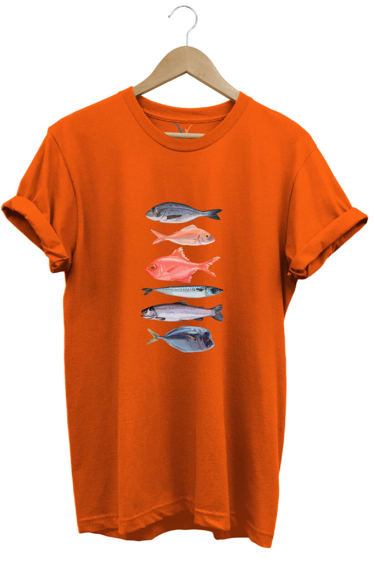 Fishing Balıkçılık Baskılı Renkli Çeşitli Balık Tasarım %100 Pamuk Regular Fit Bisiklet Yaka T-Shirt Turuncu - S