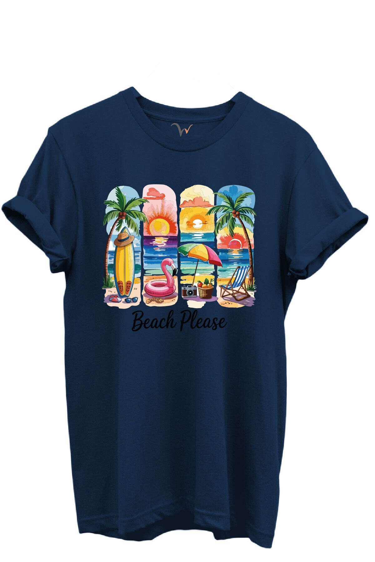 Beach Please Yazılı Renkli Plaj ve Gün Batımı Temalı %100 Pamuk Regular Fit Unisex T-Shirt Lacivert - L