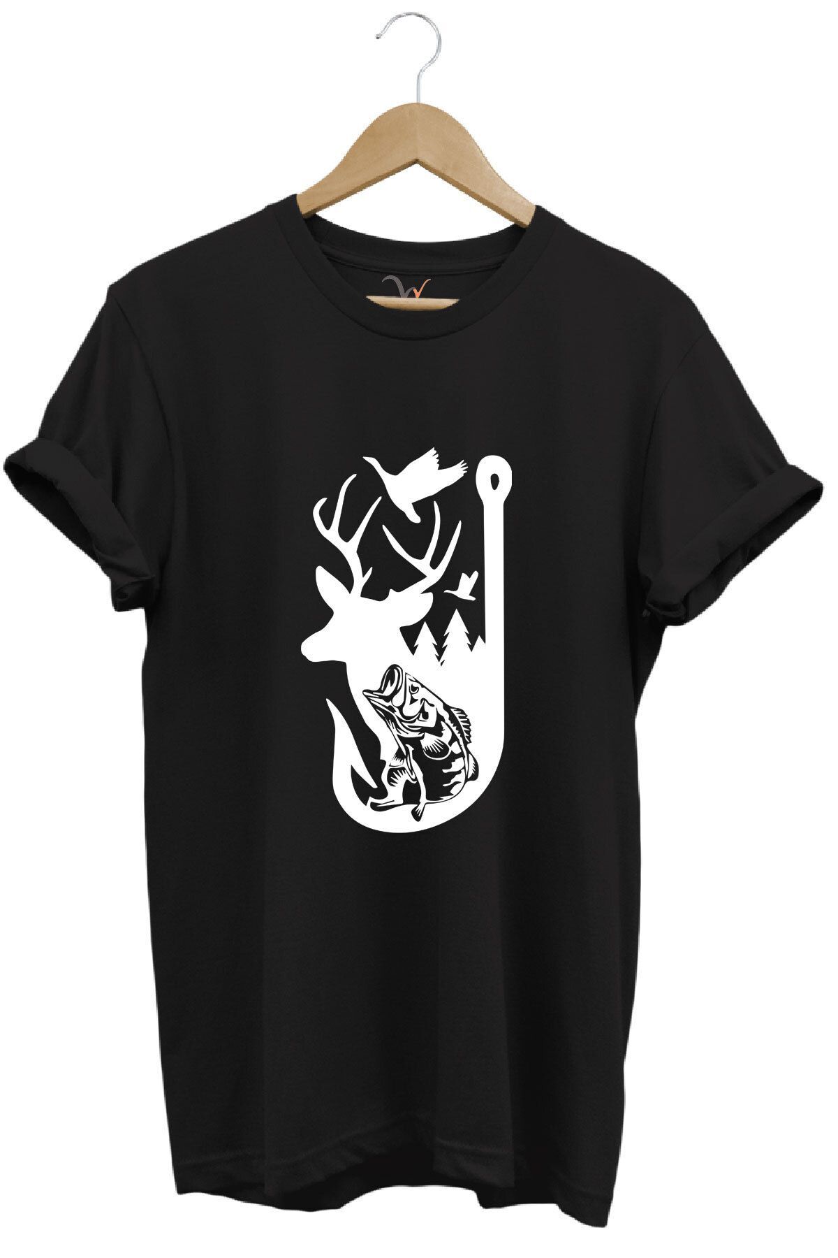 Avcılık Hunter Outdoor Geyik Balık Çulluk Baskılı %100 Pamuk Regular Fit Kırmızı T-shirt Si̇yah - 5XL