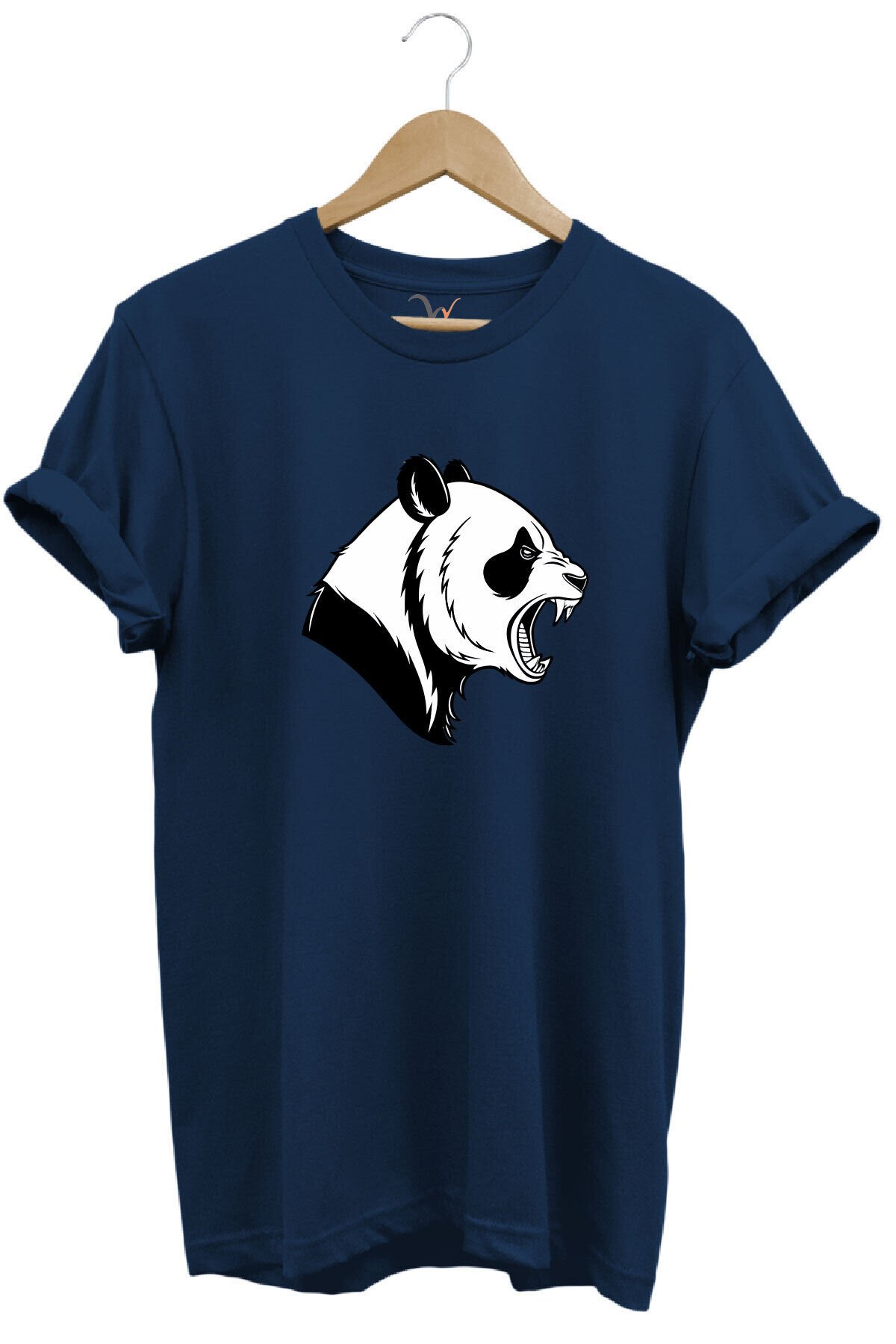 Kızgın Kükreyen Panda Baskılı %100 Pamuk Bisiklet Yaka Regular Fit Mavi T-shirt Lacivert - 4XL