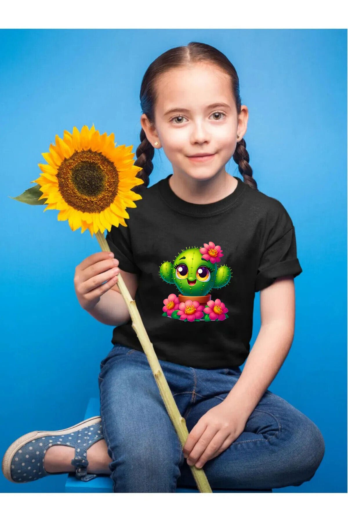 Sevimli Kaktüs Baskılı %100 Pamuk Çocuk Siyah T-shirt Siyah - 11-12 Yaş