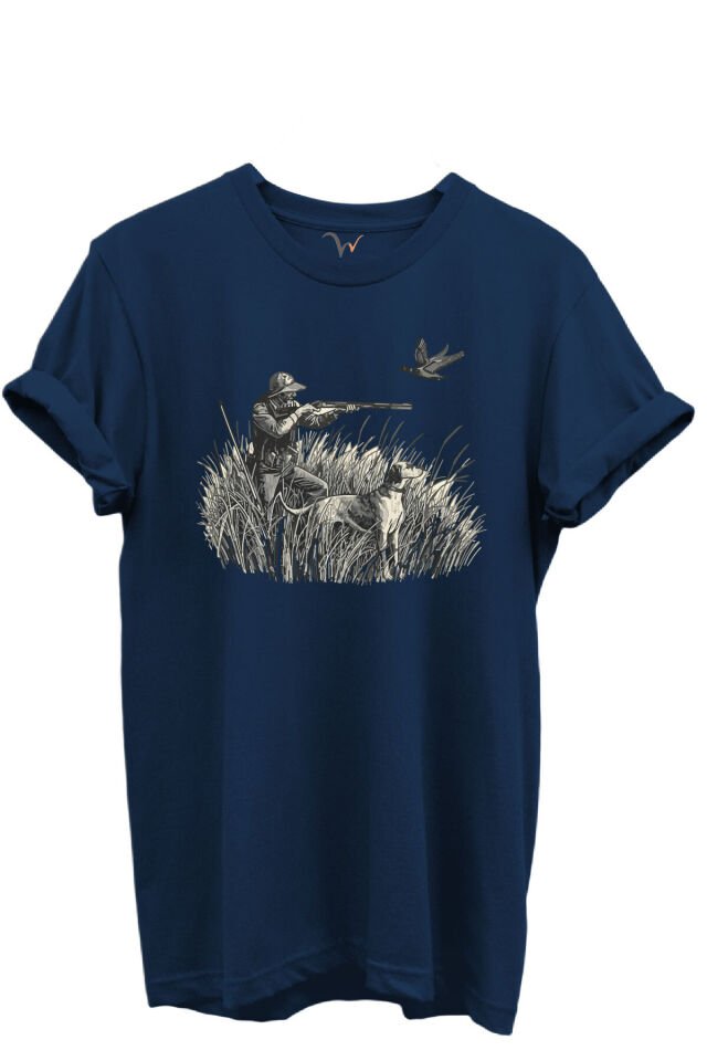 Outdoor Avcılık Avcı, Köpek ve Kuş Desenli %100 Pamuk Regular Fit Bisiklet Yaka Unisex T-shirt Lacivert - M