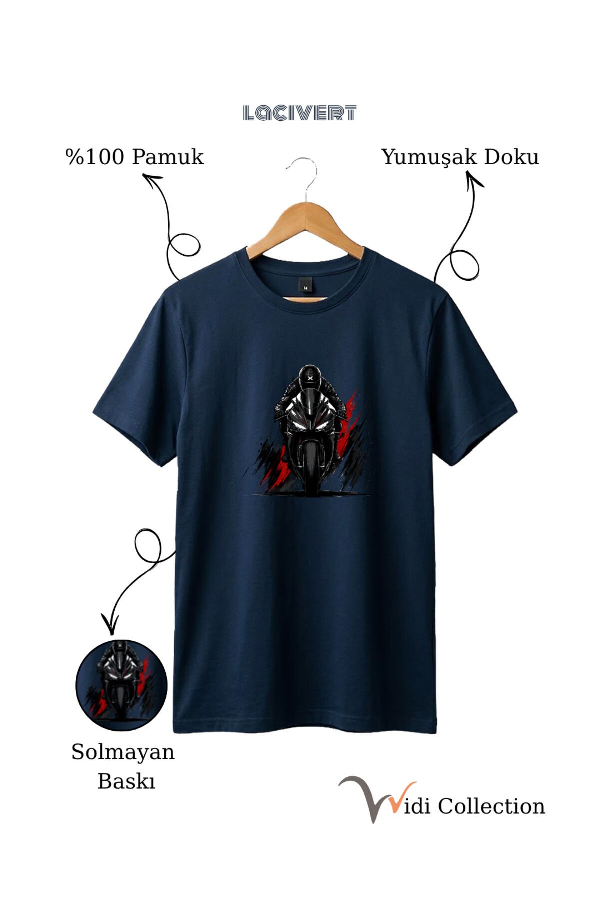 Spor Motor Baskılı Hız Temalı %100 Pamuk Unisex Regular Fit T-Shirt Lacivert - S