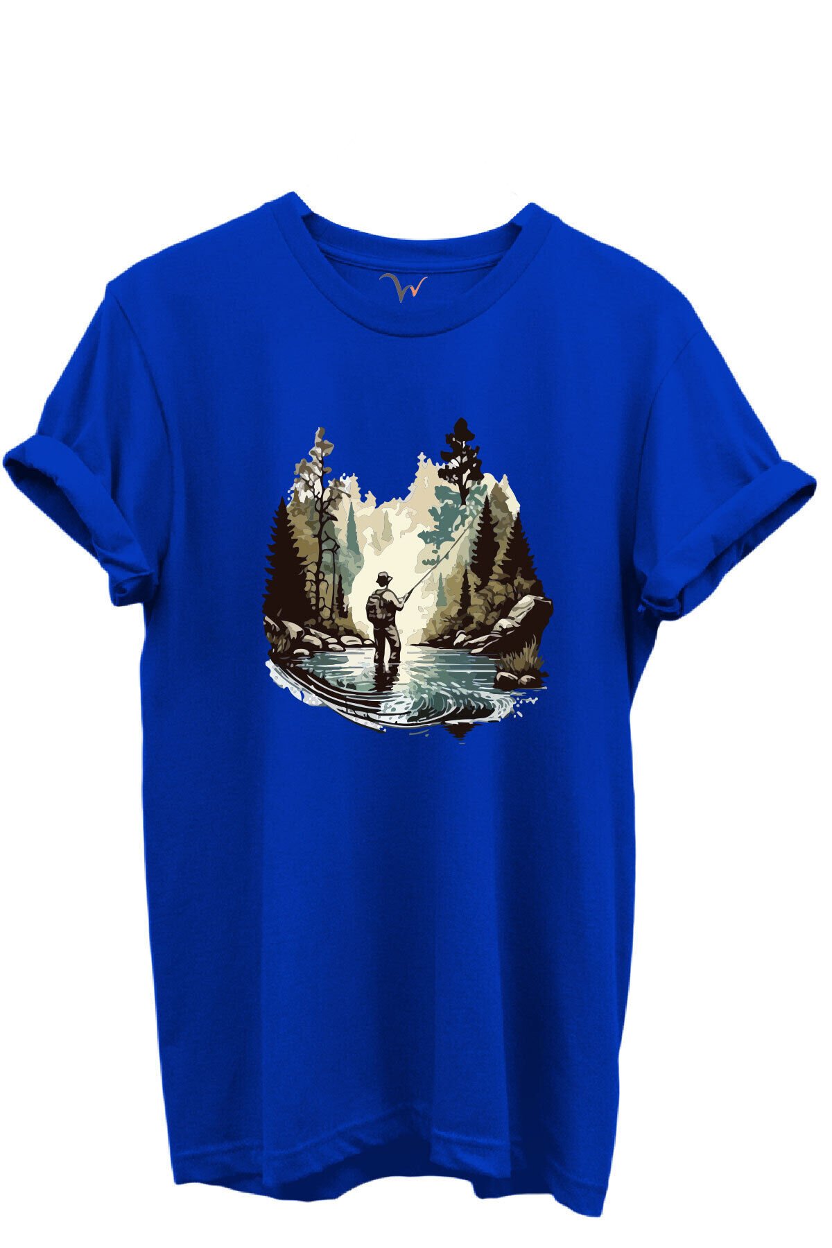 Balık Tutma Temalı Kampçı Desenli %100 Pamuk Regular Fit Unisex T-Shirt Mavi - L