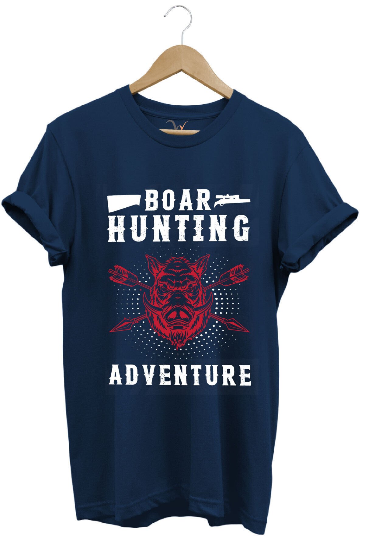 Domuz Avcılığı Baskılı Hunter Avcılık Temalı %100 Pamuk Regular Fit Haki T-shirt Lacivert - 2XL