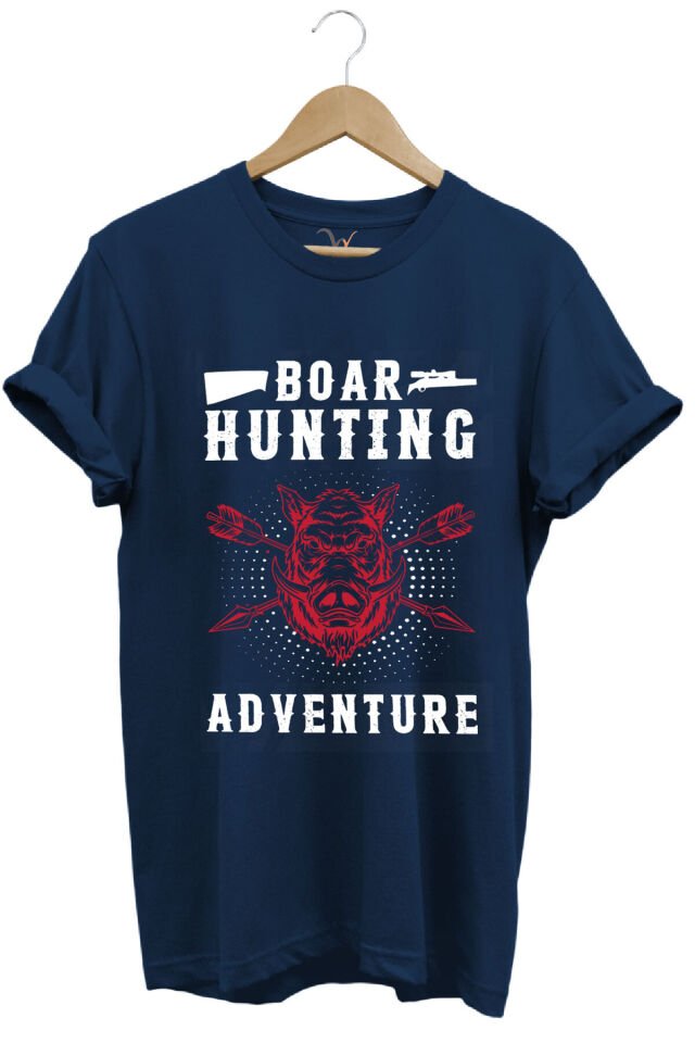Domuz Avcılığı Baskılı Hunter Avcılık Temalı %100 Pamuk Regular Fit Haki T-shirt Lacivert - 2XL