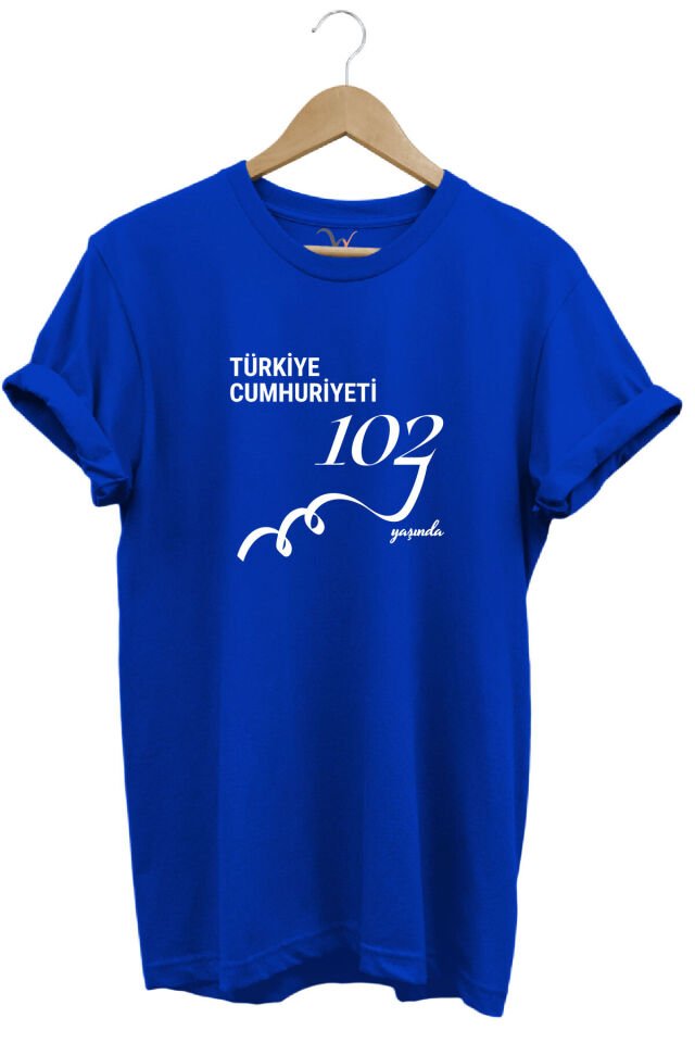 29 Ekim 102. Yıl Tasarım Baskılı %100 Pamuk Regular Fit Bisiklet Yaka Unisex T-Shirt Mavi - XL
