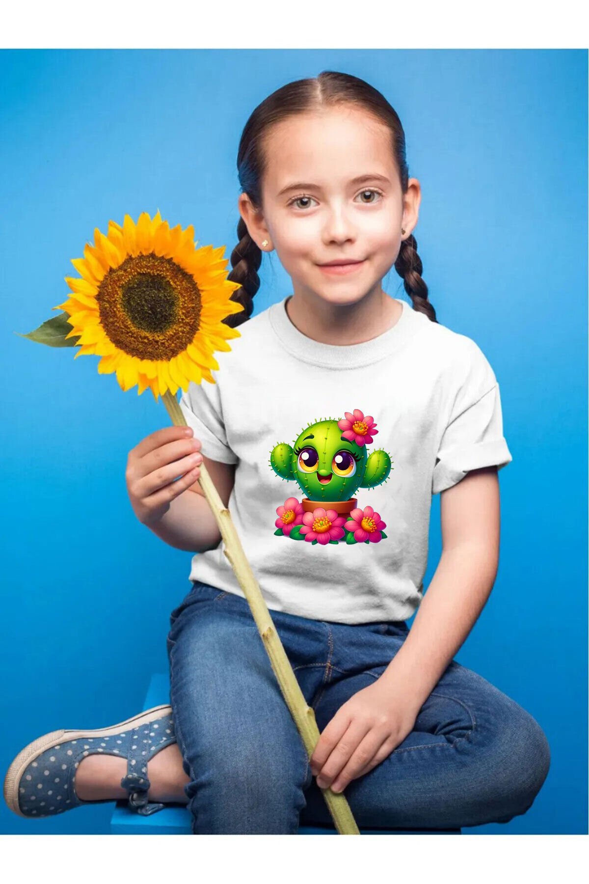 Sevimli Kaktüs Baskılı %100 Pamuk Çocuk Siyah T-shirt Beyaz - 11-12 Yaş