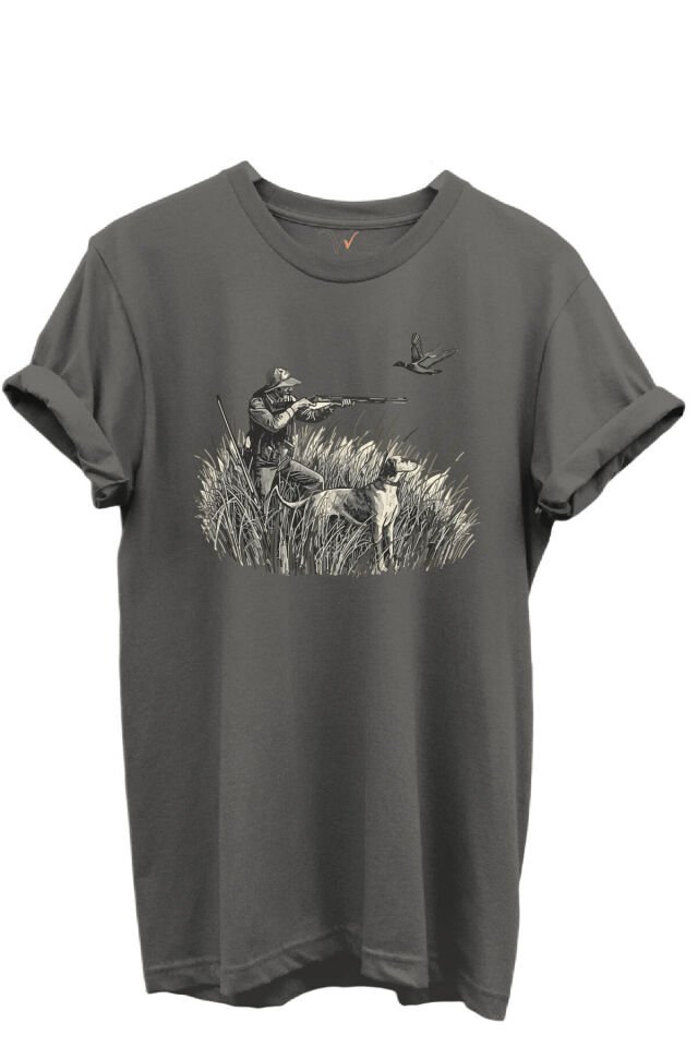 Outdoor Avcılık Avcı, Köpek ve Kuş Desenli %100 Pamuk Regular Fit Bisiklet Yaka Unisex T-shirt Antrasit Gri - 2XL