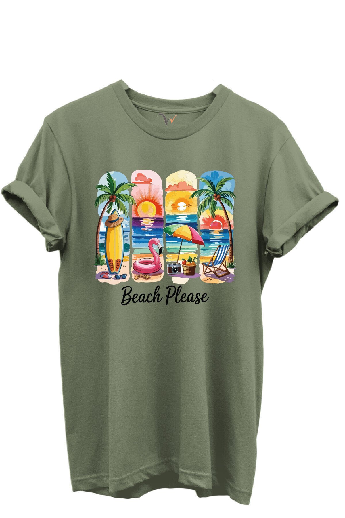 Beach Please Yazılı Renkli Plaj ve Gün Batımı Temalı %100 Pamuk Regular Fit Unisex T-Shirt Haki - XL