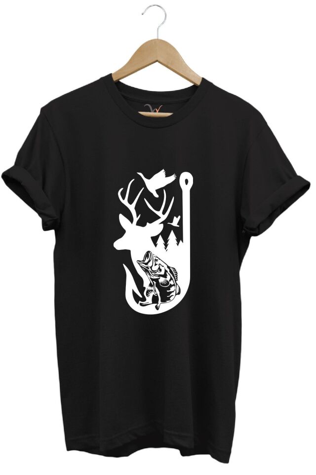 Avcılık Hunter Outdoor Geyik Balık Çulluk Baskılı %100 Pamuk Regular Fit Kırmızı T-shirt Si̇yah - L