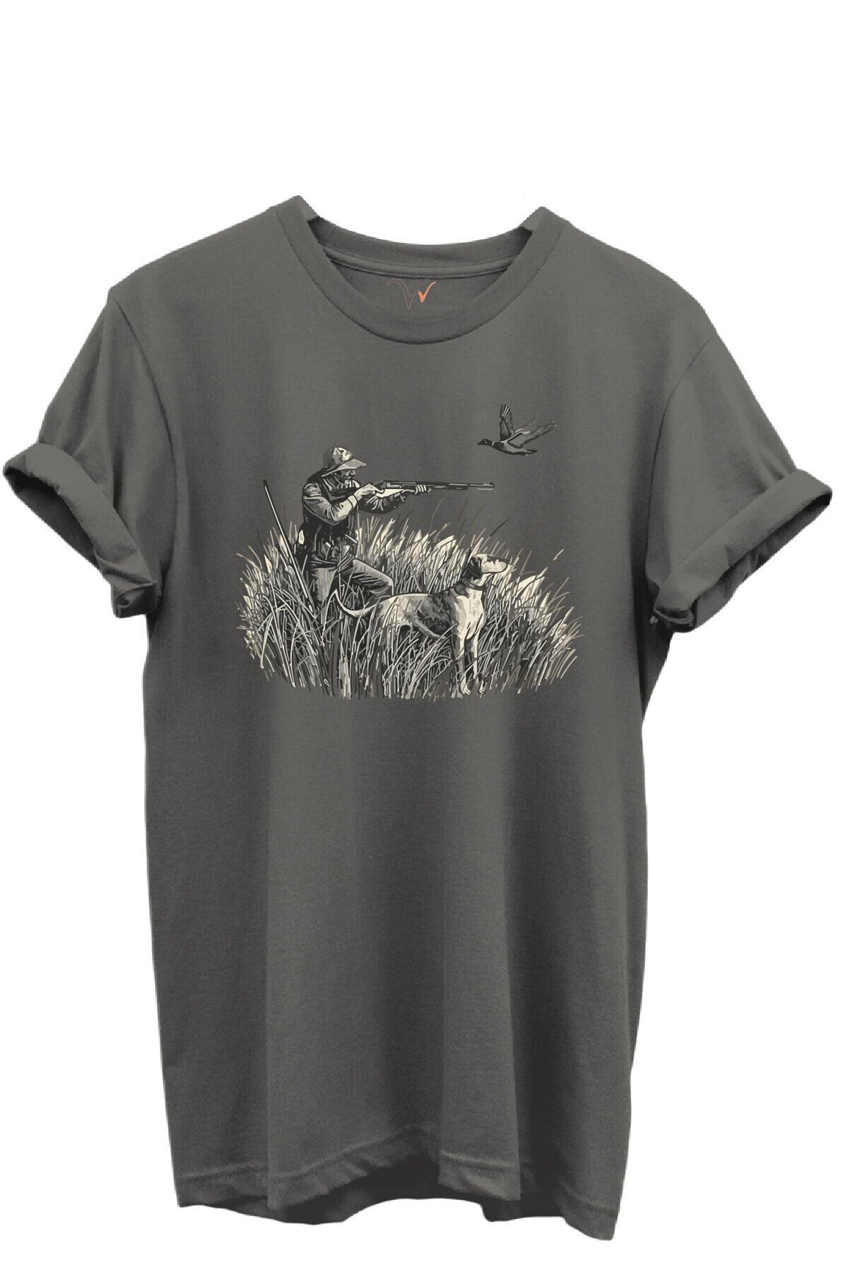 Outdoor Avcılık Avcı, Köpek ve Kuş Desenli %100 Pamuk Regular Fit Bisiklet Yaka Unisex T-shirt Antrasit Gri - M