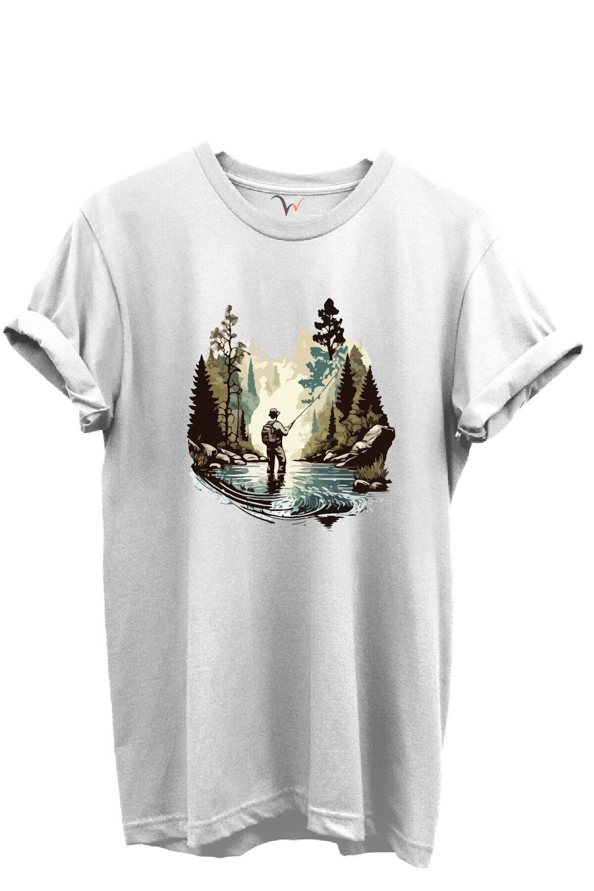 Balık Tutma Temalı Kampçı Desenli %100 Pamuk Regular Fit Unisex T-Shirt Beyaz - 3XL