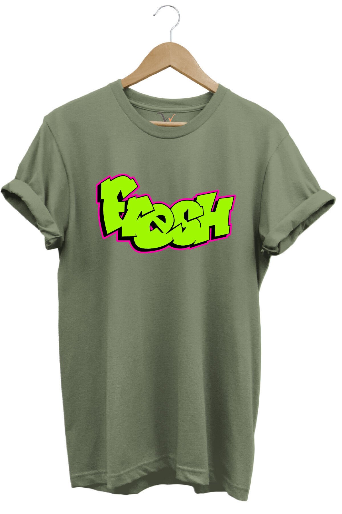Fresh Graffiti Neon Yazı Baskılı %100 Pamuk Unisex Regular Fit T-Shirt Haki - M