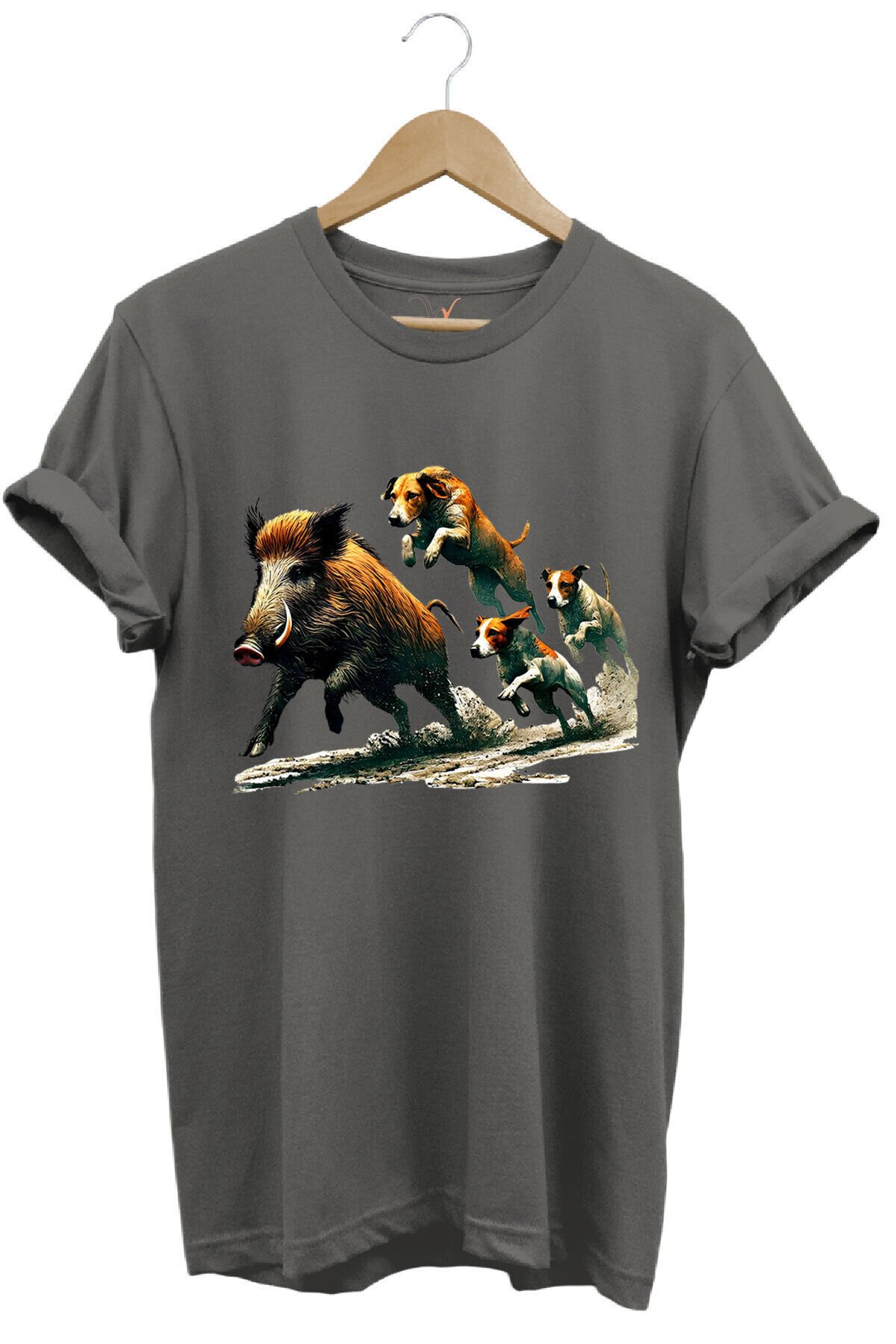 Avcılık Hunter Domuz Avı Ve Av Köpekleri Baskılı Regular Fit %100 Pamuk Gri T-shirt Antrasit - XL