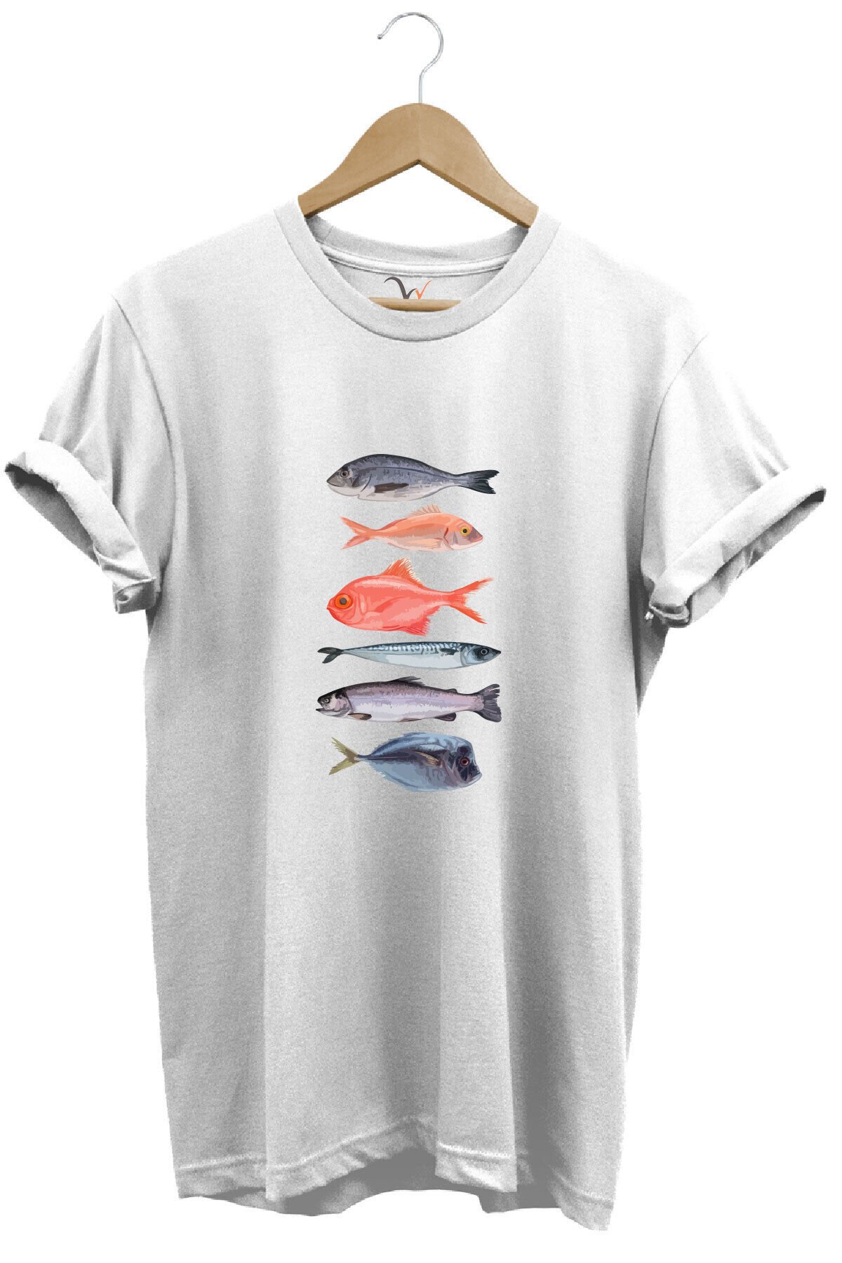 Fishing Balıkçılık Baskılı Renkli Çeşitli Balık Tasarım %100 Pamuk Regular Fit Bisiklet Yaka T-Shirt Beyaz - 3XL