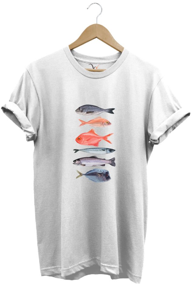 Fishing Balıkçılık Baskılı Renkli Çeşitli Balık Tasarım %100 Pamuk Regular Fit Bisiklet Yaka T-Shirt Beyaz - 3XL