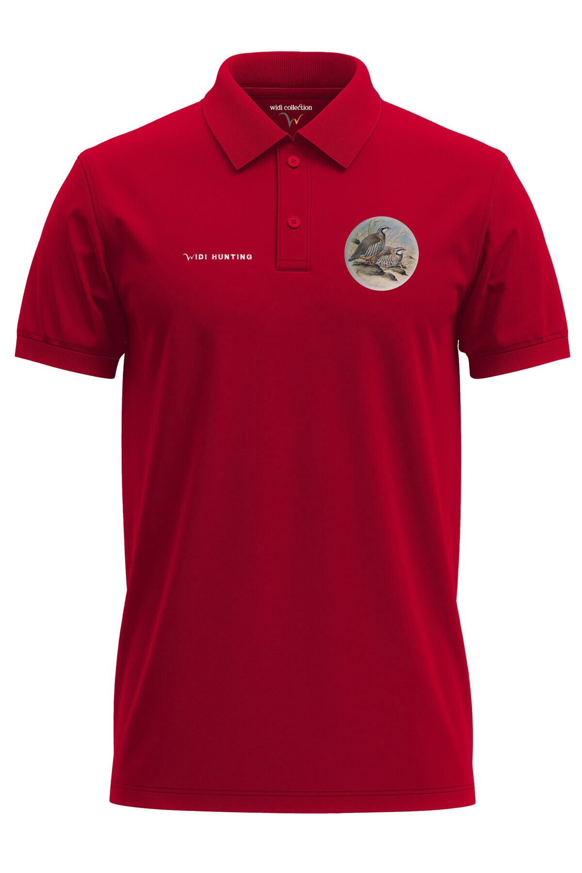 Avcılık Widi Hunting Keklik Kuşu Baskılı %100 Pamuk Regular Fit Polo Lacivert T-shirt Kırmızı - L
