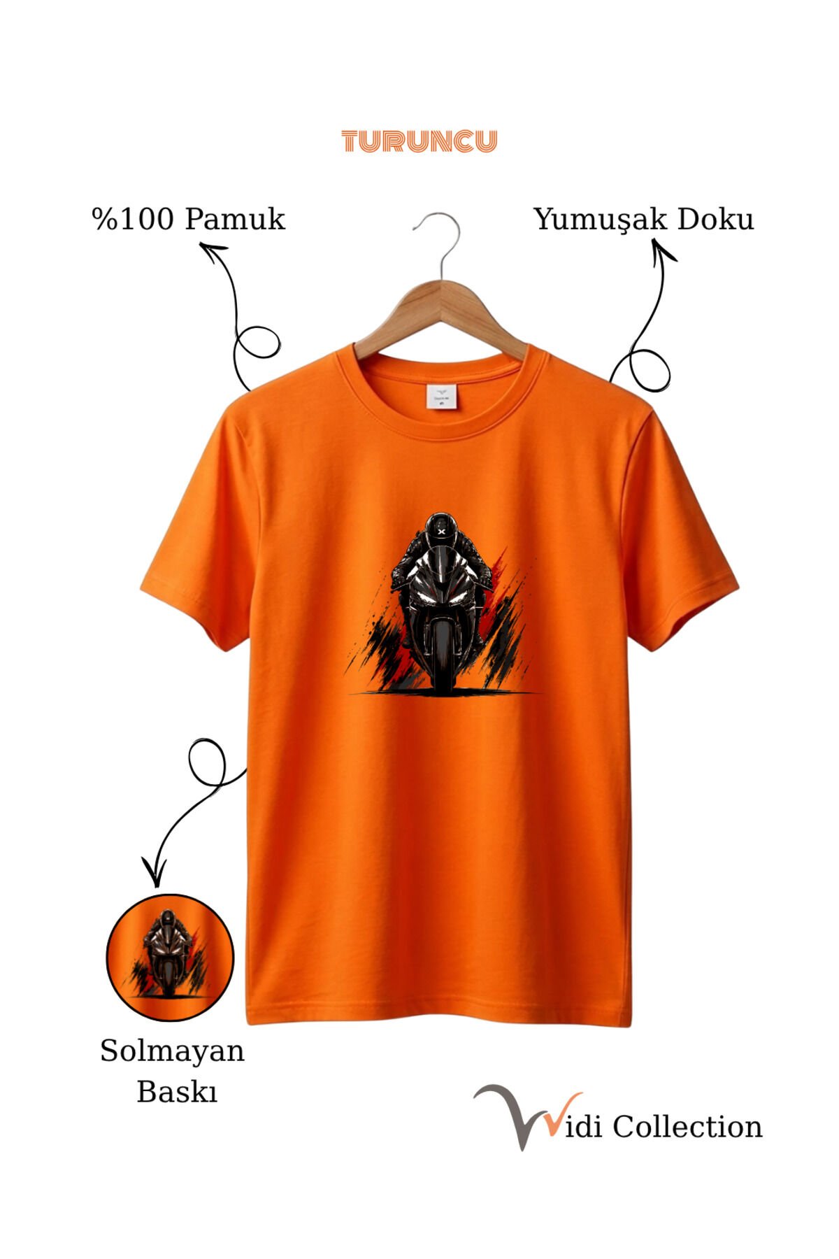 Spor Motor Baskılı Hız Temalı %100 Pamuk Unisex Regular Fit T-Shirt Turuncu - 3XL